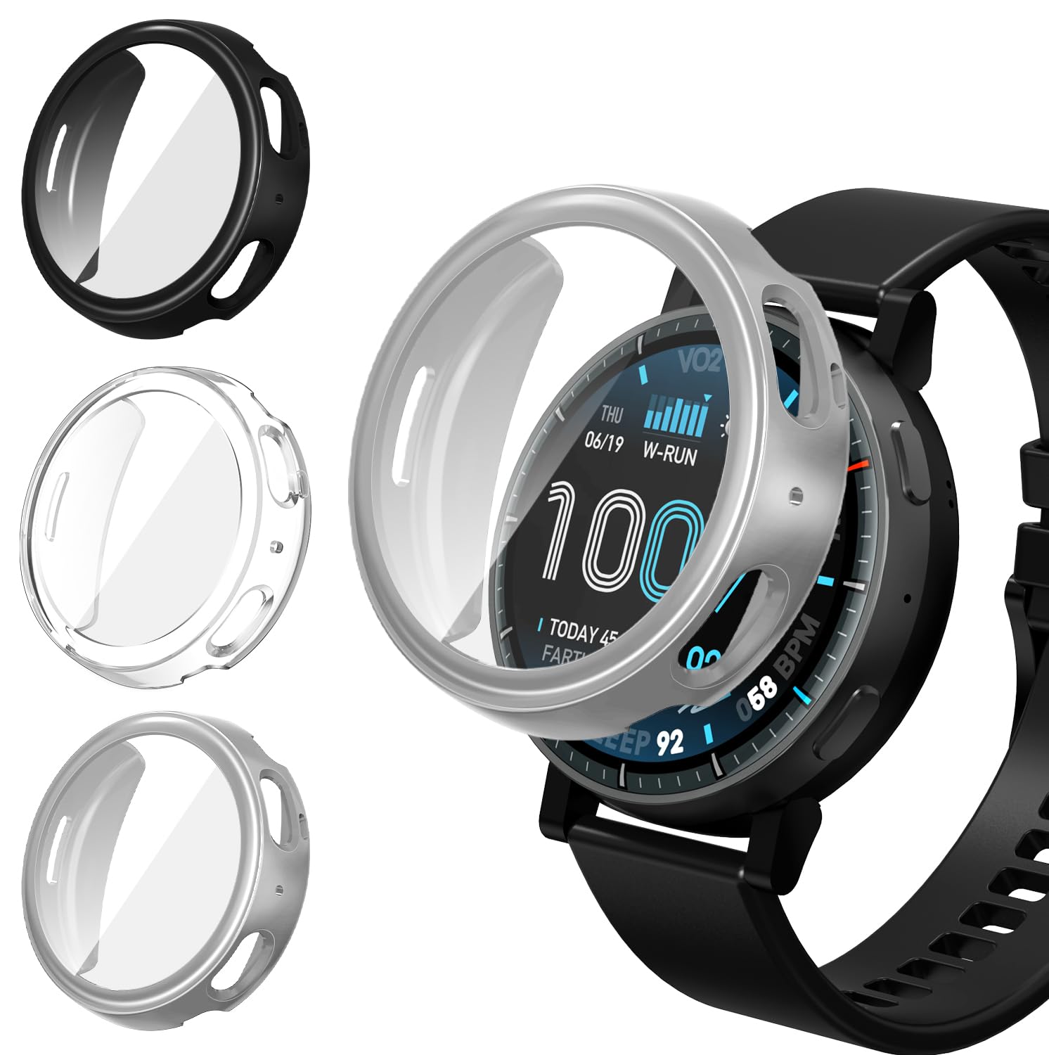 ivoler 3 Piezas Funda con Protector de Pantalla para Amazfit Active MAX, Protección Completa Carcasa Protectora Delgado Suave TPU Anti-Arañazos Case, Transparente + Negro + Plata