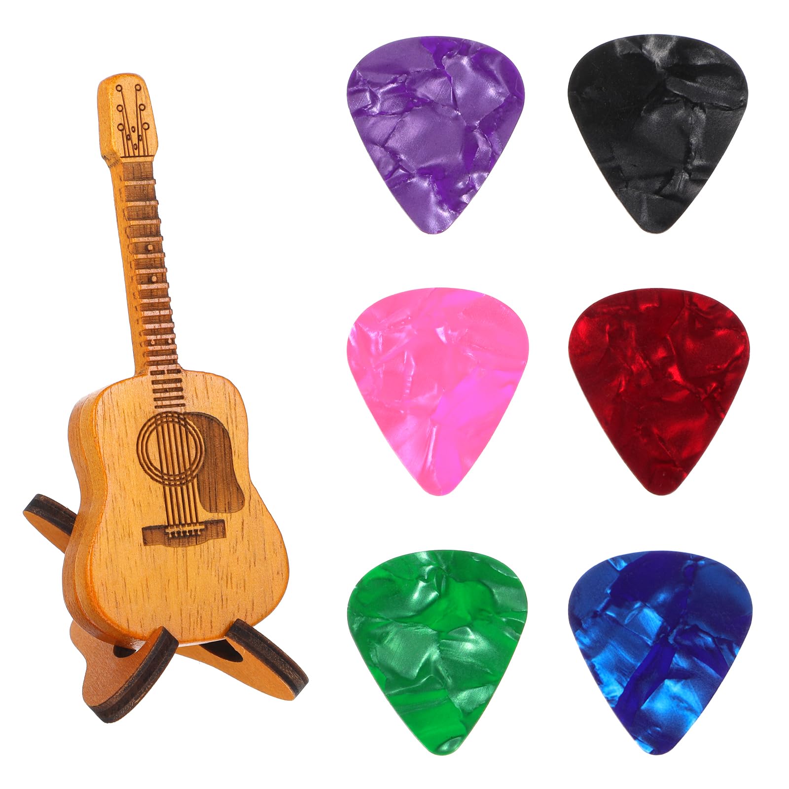 Wooden Guitar Pick Holder, 6Pcs Celluloid Guitar Pick, Guitar Pick Case, Musician Engraved Wooden Plectrum Case for Electric Bass Guitars Ukulele Lovers