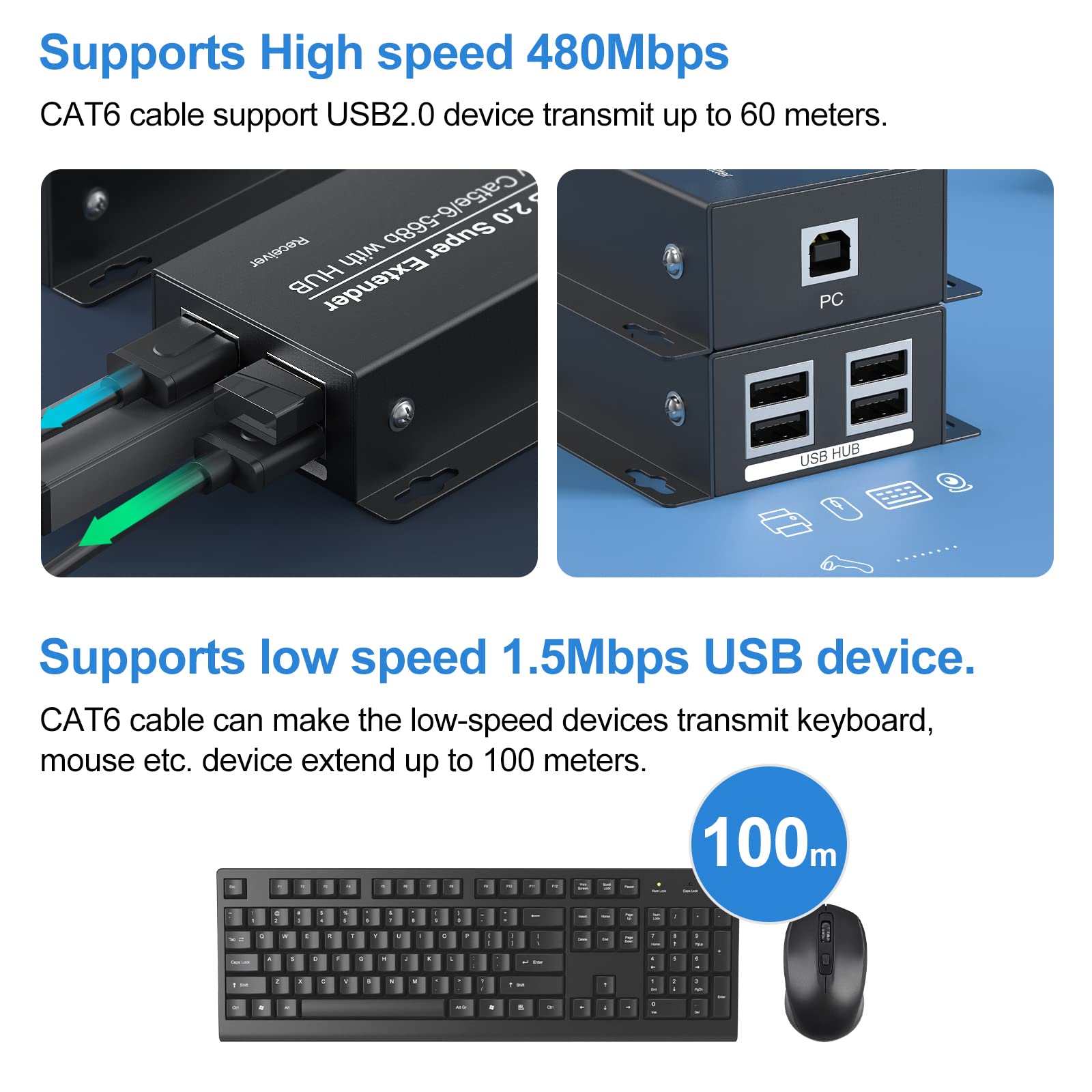 USB 2.0 Extender 196 ft 60m USB Ethernet via RJ45 Cat5e 6 fino a 480Mbps Sincronizzazione del lavoro di due webcam Supporta Windows Android PC Web Camera Linux ecc