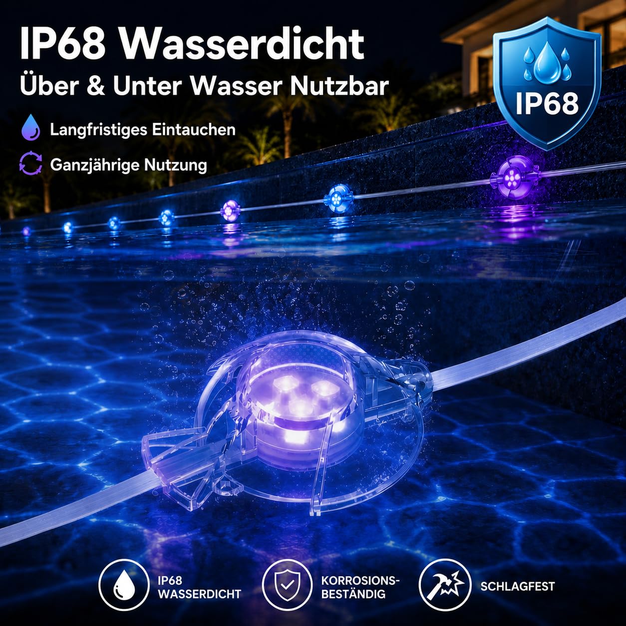 8-in-1 Poolbeleuchtungssystem 15m, 24V IP68 wasserdicht Poollicht ohne Umbau, RGB+IC Dynamische Pool LED, Vollflächige Pool Beleuchtung mit App & Fernbedienung für Einbau- und Aufstellpools