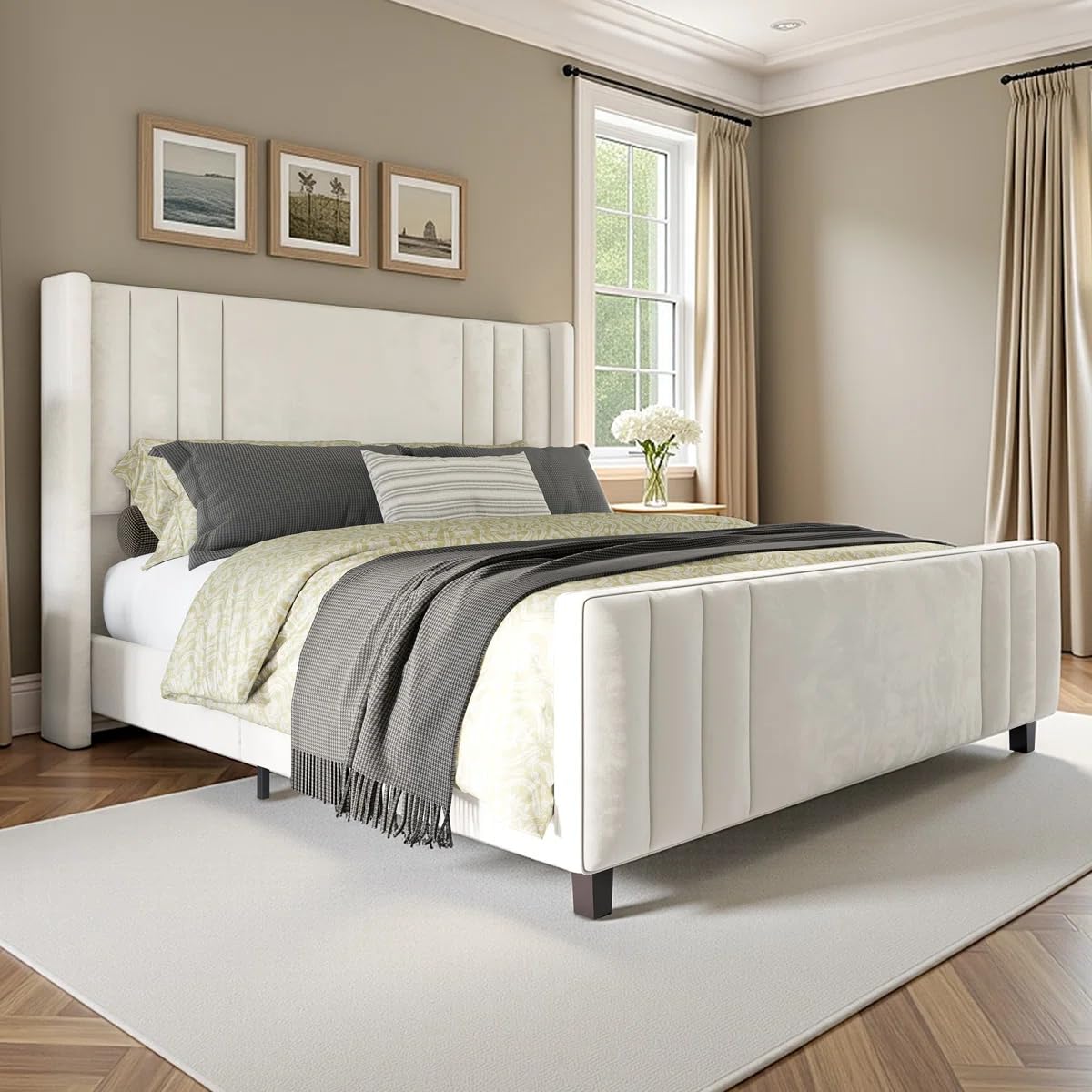 modern upholstered king size bed for bedroom - upholestery premium fabric cot for home - 6.5 x 6 ft bed (king)