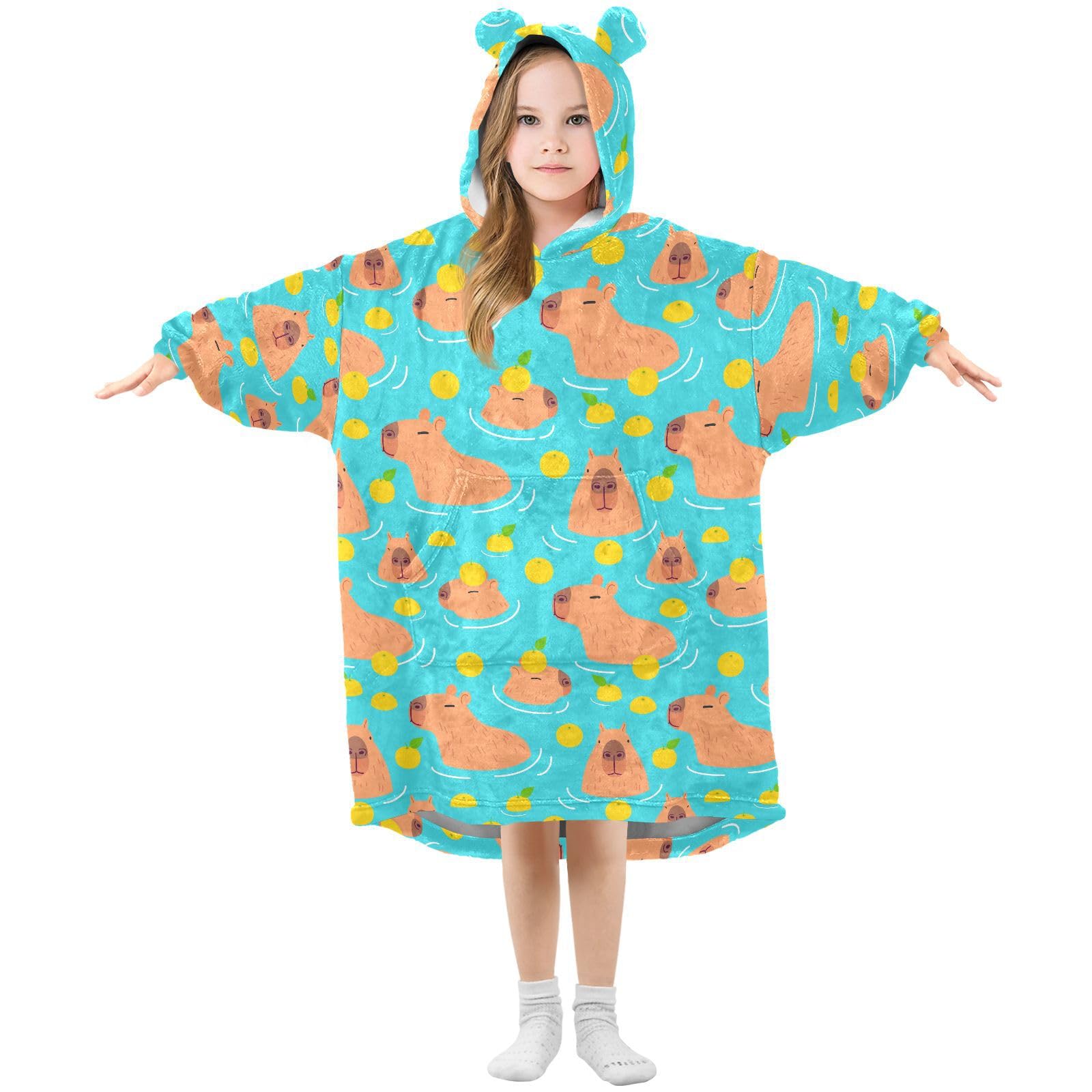 JHKKU Cute Capybara Wearable Blankets Kids, Super Soft Warm Cozy Oversized Blanket Hoodie, Unique Gifts Boys Girls Teens with Giant Pocket