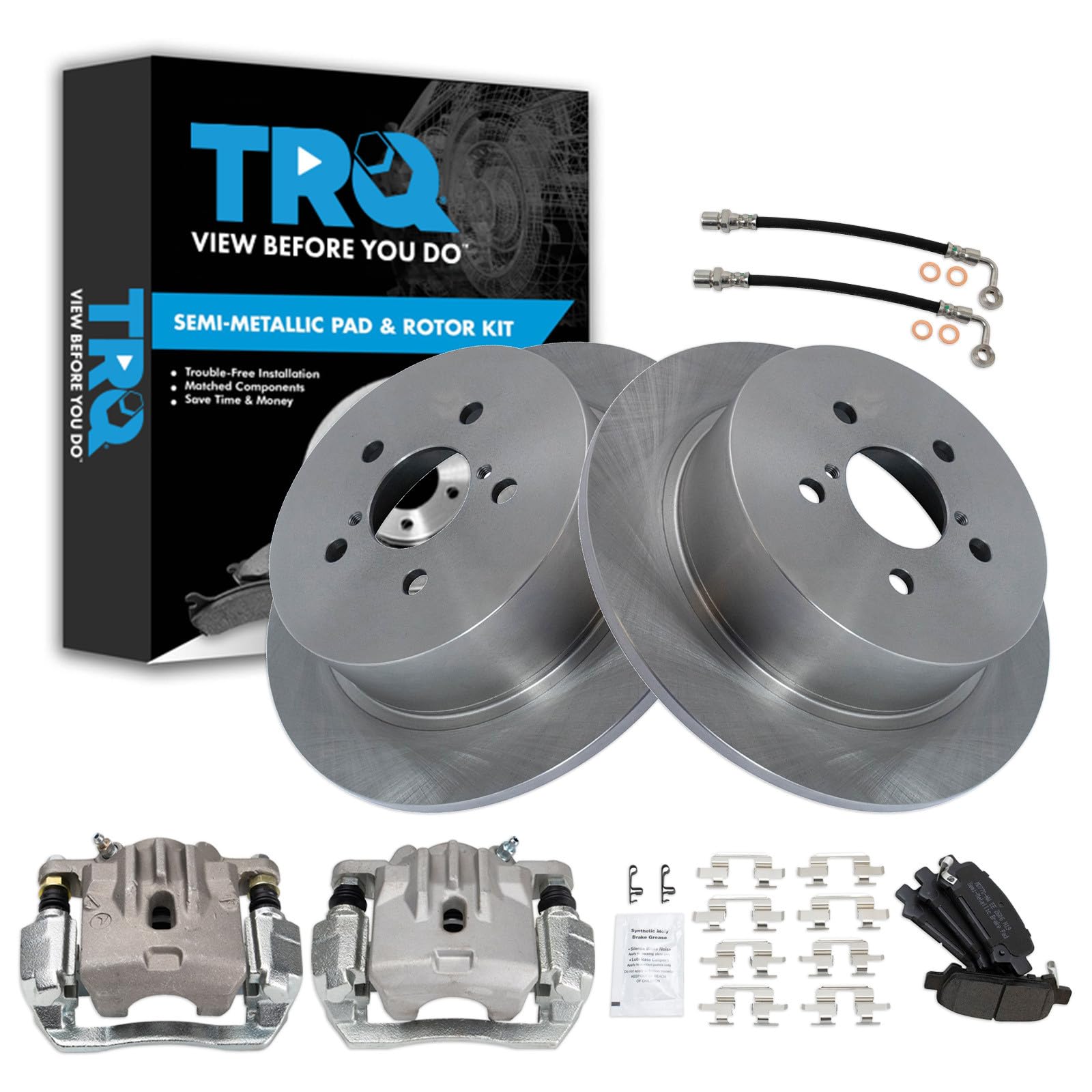 TRQ Rear Brake Pad and Rotor Set Semi Metallic Rotors Calipers Compatible with 2009 Subaru Legacy