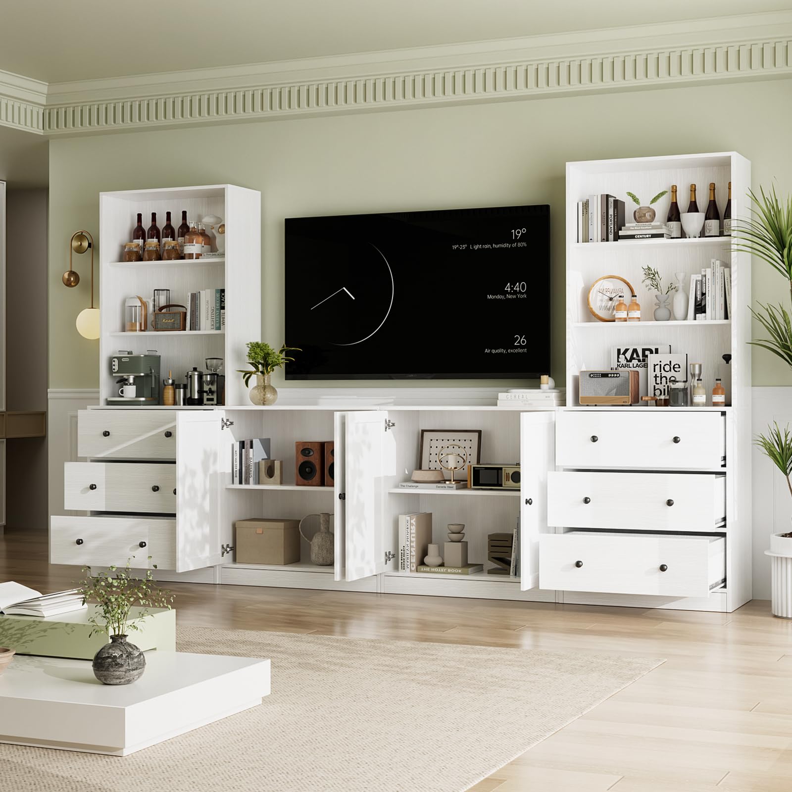 VOWNER Grande Mueble de TV para Televisores de hasta 70 Pulgadas, 280 x 180,3 x 40 cm, Mesa de TV, Módulo TV, Mueble de Salón Moderno con Cajones y Puertas de Cristal, 2A+2E (Blanco)
