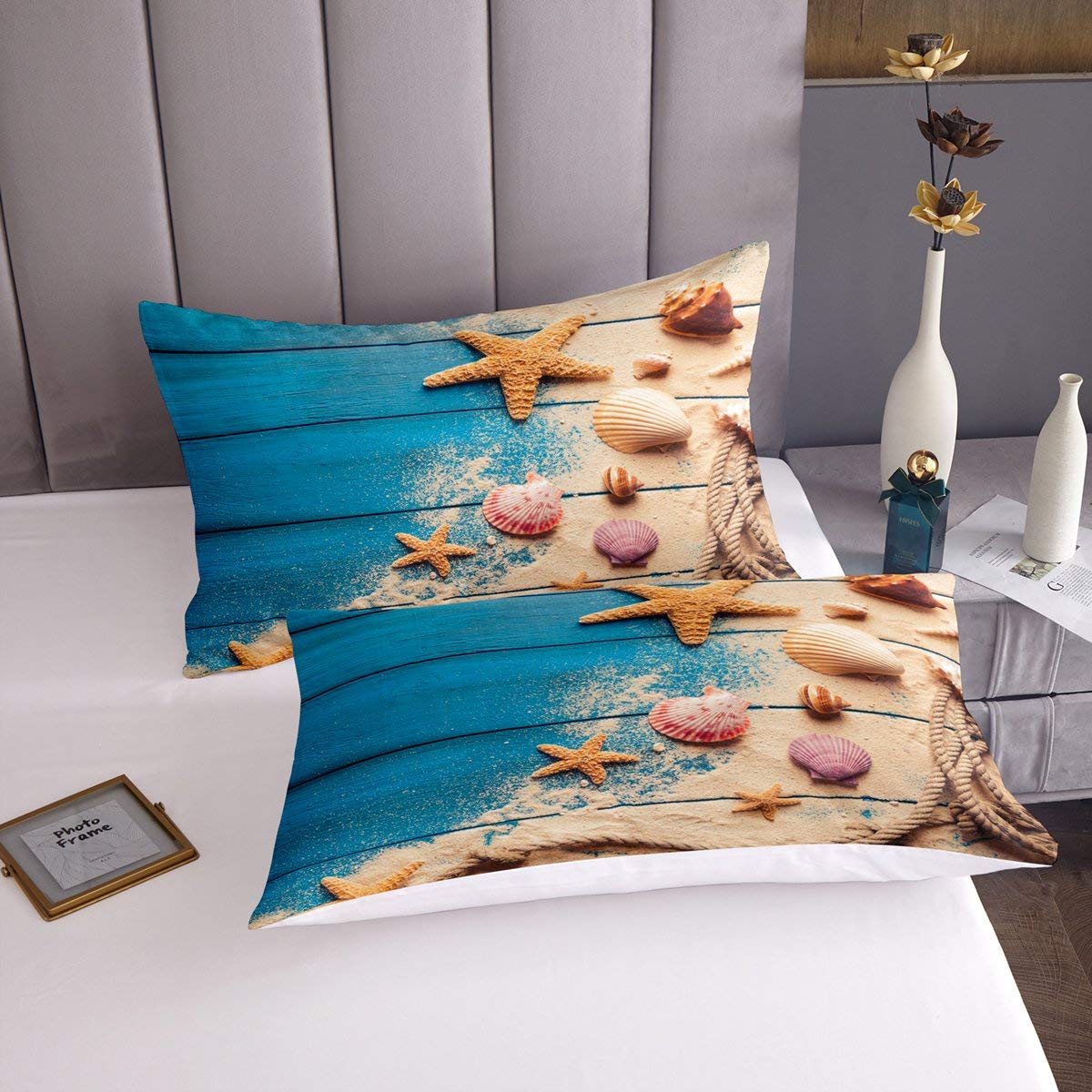 Set Copripiumino King Size Cotone 100% - Tema Spiaggia Con Stella Marina E Conchiglie - Biancheria Letto Nautica, Con Federa - 4