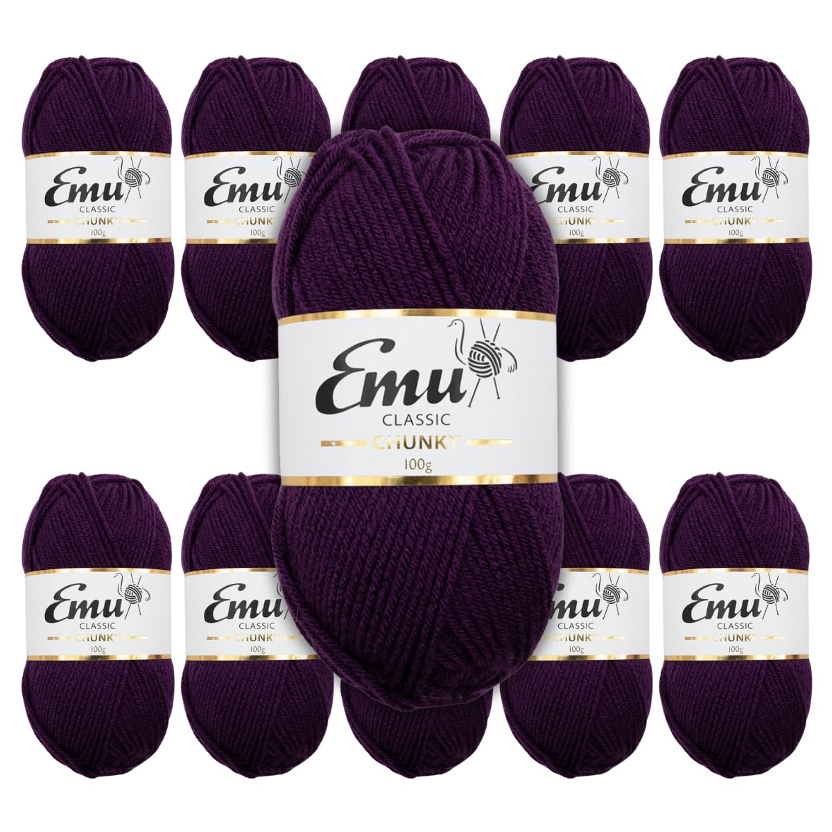 Emu Classic Chunky Acrylic Yarn 100g Balls 164m, Pack of 10, Dark Aubergine - 166