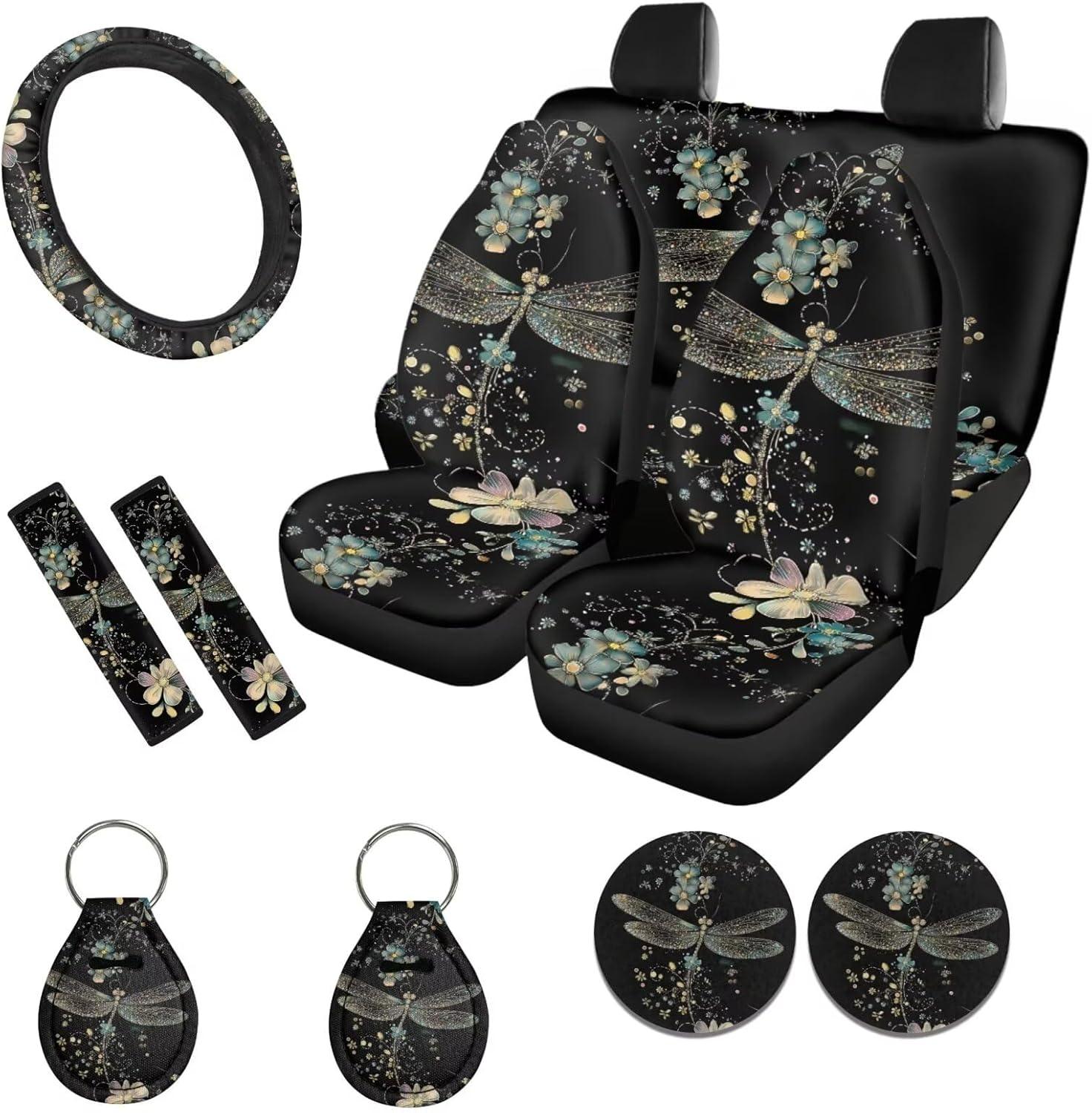 WELLFLYHOM Dragonfly Car Seat Covers Full Set 11 Pcs Black Car Accessories for Women Boho Floral Front Rear Seat Covers with Steering Wheel Covers Seatbelt Pads Car Keychain and Coaster
