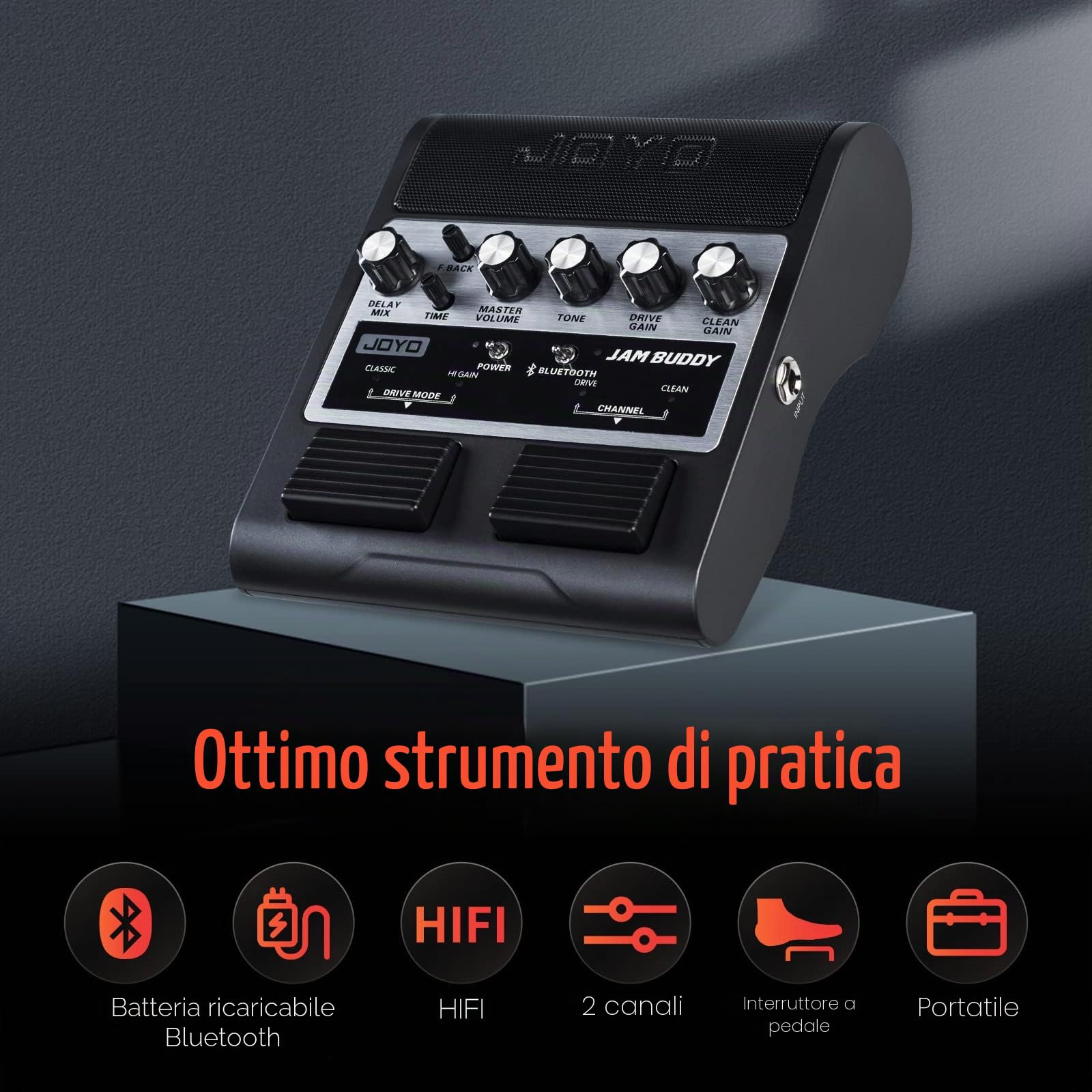 JOYO Jam Buddy Dual Channel - Amplificatore per chitarra elettrica, con 2 altoparlanti Bluetooth 4.0 da 4 W, per esercizio, amplificatore, pedale effetto (nero)