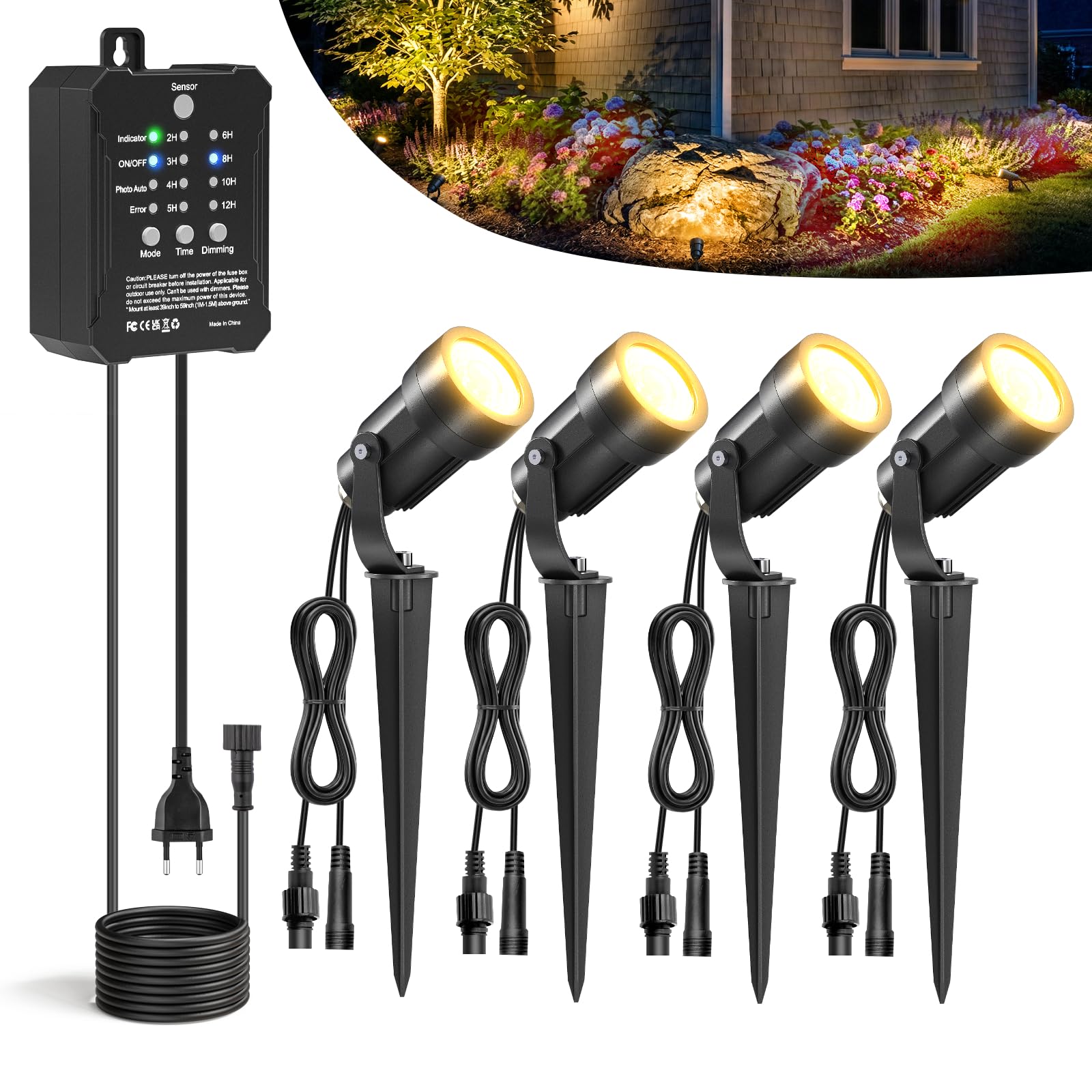 HIBOITEC 5W Dimmbar Gartenbeleuchtung 4er Set, Dämmerungssensor & Timer, 250LM 2700K Warmweiß Gartenstrahler mit 40W Transformator, IP65 Wasserdicht Gartenlampen für Draußen, Bäume