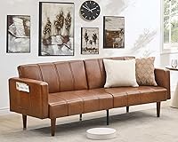 GOCAPTAIN 75" Convertible Futon Sofa Bed, Mid-Century Modern PU Leather Couch with 3-Position Backrest, Sleeper Loveseat & Side Pockets (Brown)