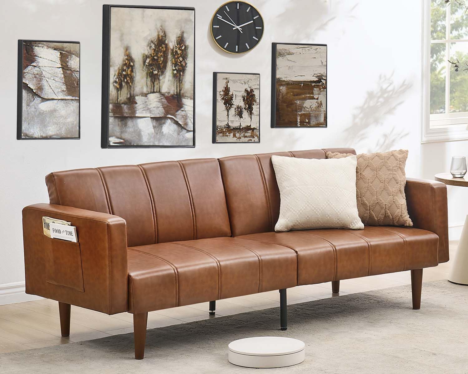 75" Convertible Futon Sofa Bed, Mid-Century Modern PU Leather Couch with Adjustable Backrest, Sleeper Loveseat with Side Pockets, Easy Assembly for Living Room & Guest Room (Brown)