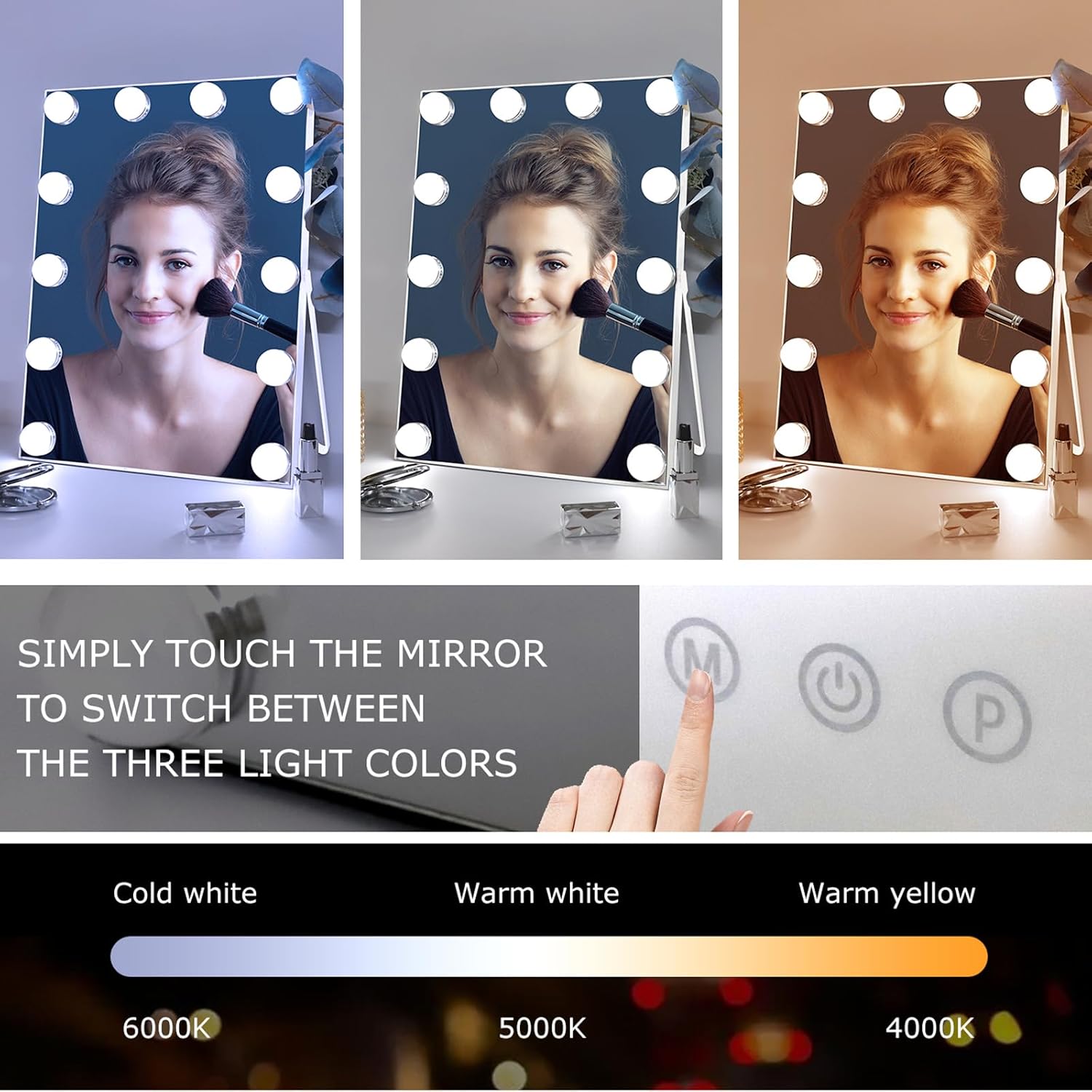 10" x 12" Vanity Mirror with Lights,Portable Travel Mirror with 12 LED Lights Bulbs,Lighted Makeup Mirror with 3 Color Lighting Modes,Mirror with Lights for Makeup Desk ＆ Dressing Room,White
