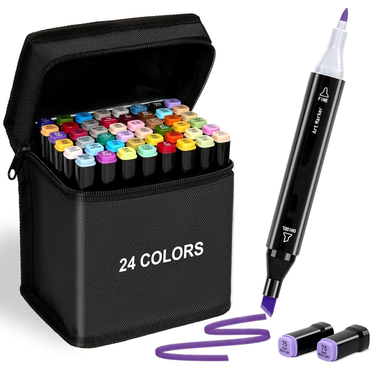 HR INTERNATIONAL Dual Tip Colorful Art Markers Sketch Pens 24 Colors With Carrying Case For Painting Sketching Calligraphy Drawing -Twin Head Permanent Colouring Marker Pens For Kids Adult, (24)-image-47