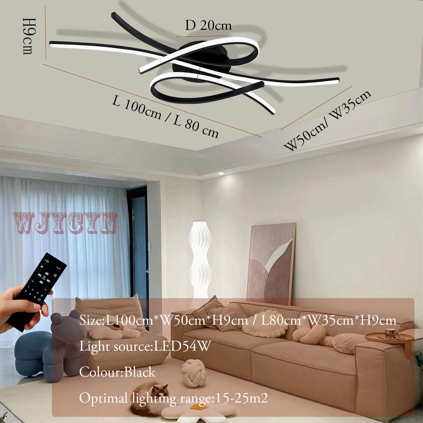 dimmbare LED-Deckenleuchte Moderne Schwarz Deckenlampe Wohnzimmerleuchte Decke Lampe mit Fernbedienung Deckenbeleuchtung für Wohnzimmer Küche Arbeitszimmer Büro Lichter Kronleuchter L80cm 54W