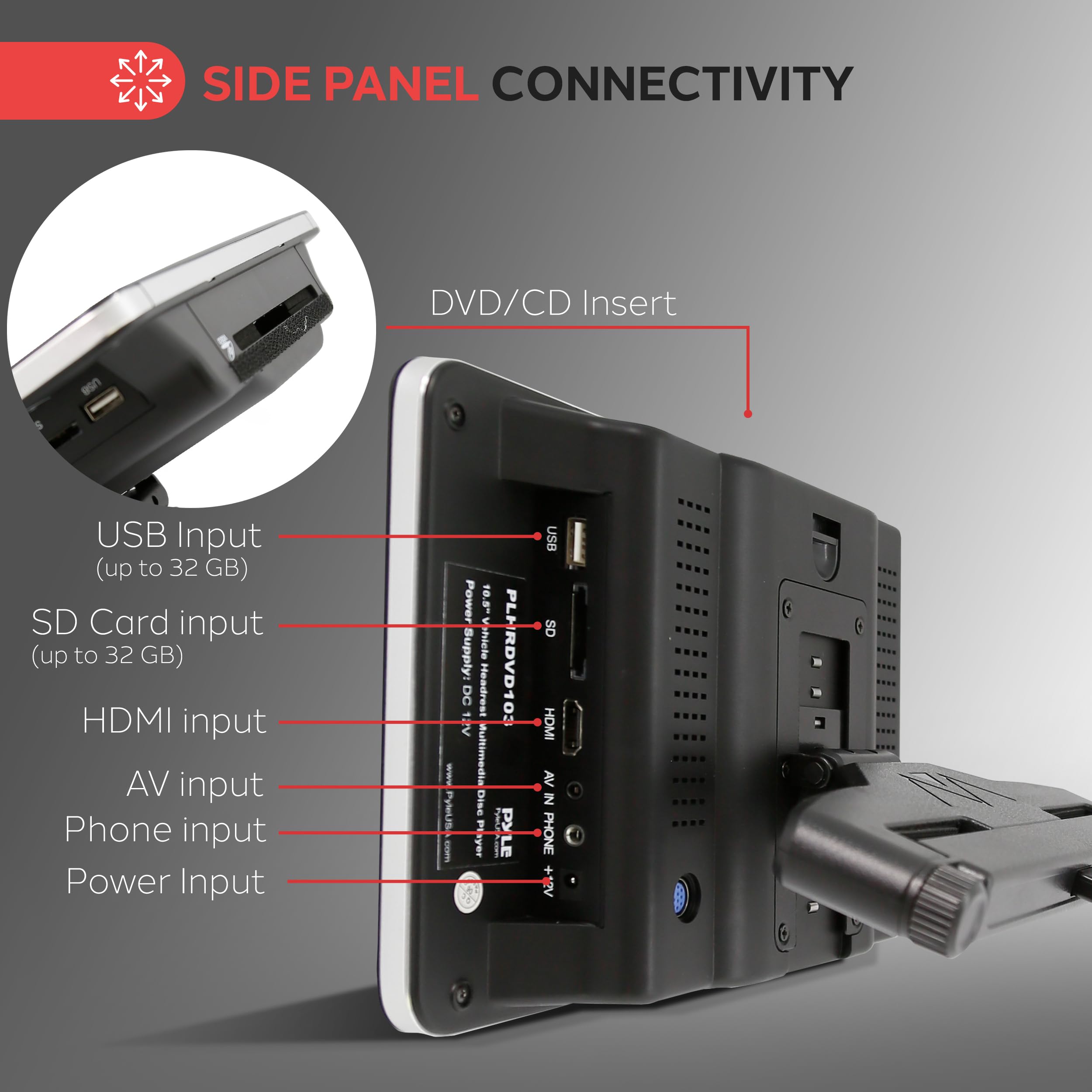 Pyle PLHRDVD103 Support Universel pour appuie-tête de Voiture Lecteur CD/DVD multimédia avec HDMI et écran LCD Haute résolution 10,5"