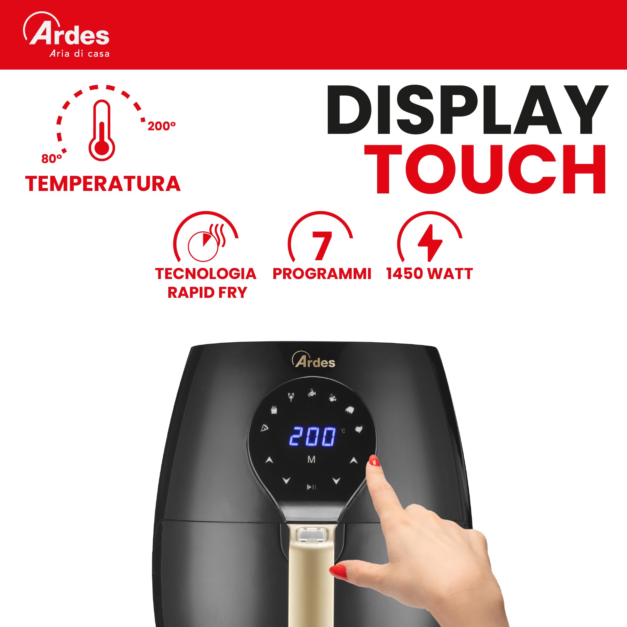 Ardes Eldorada Maxi AR1K33 - Friggitrice ad aria 5 litri - Airfryer con tecnologia Rapid Air - Air fryer 7 in 1, temperatura e timer regolabili, display digitale touch