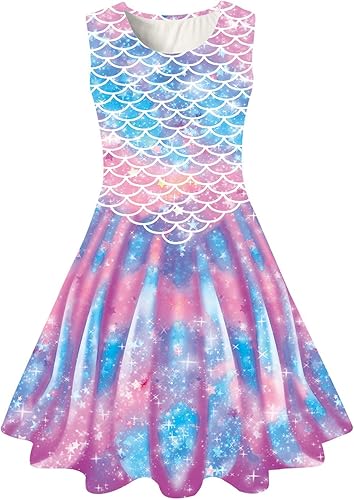 Funnycokid Vestido de sirena para niñas, vestidos de verano sin mangas, vestido de cumpleaños, vestido de verano con vuelo, traje de 4 a 13 años