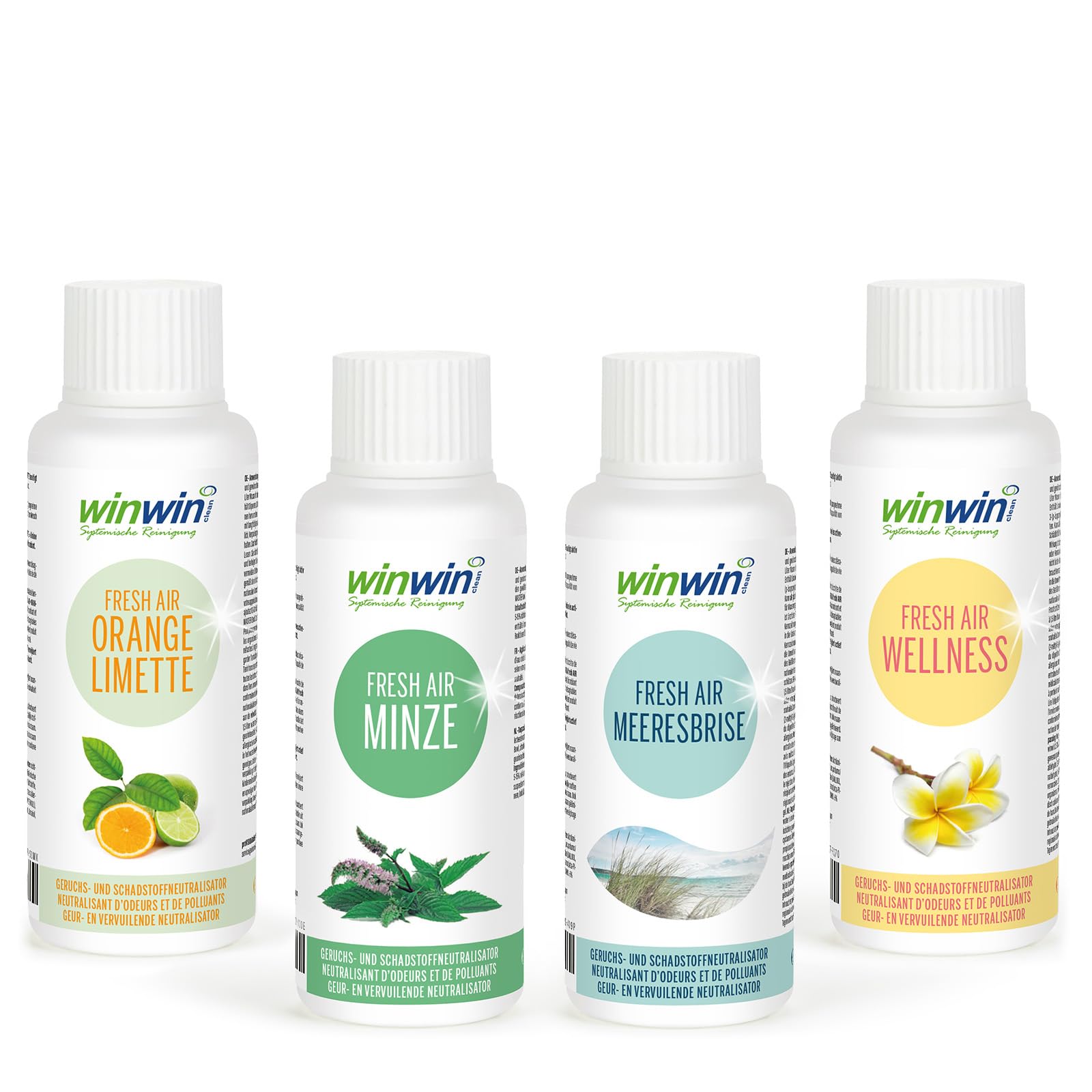 winwin clean Lot de 4 flacons de nettoyage systémique Fresh Air 100 ml I Menthe I Brise marine I Bien-être I Orange-citron vert
