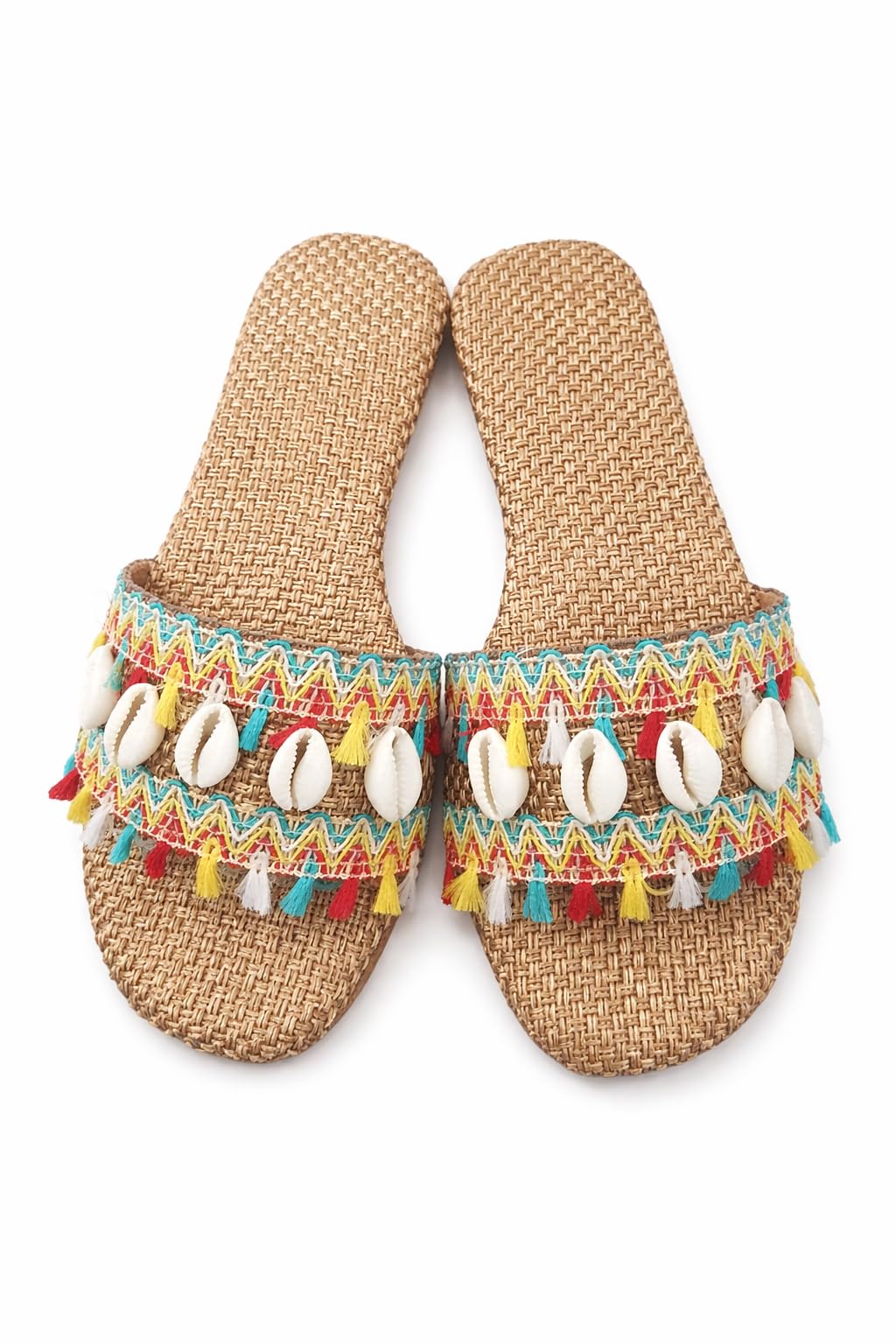 Women's Beach Sandals, Woven Slip-On Slides with Seashell Embellishments, Colorful Tassel Trim, Summer Flat Shoes-image-34