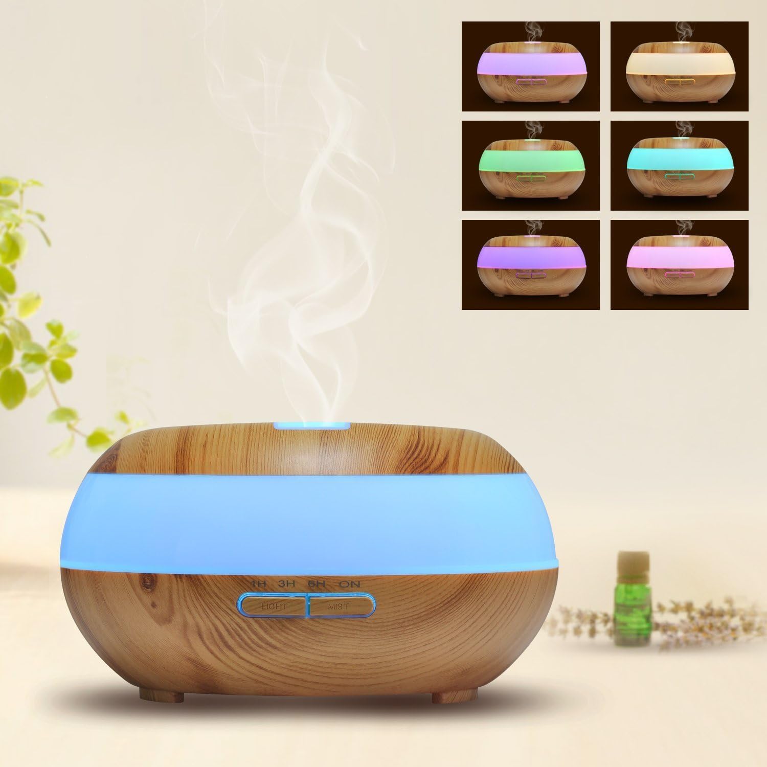 Aromatherapy Ultrasonic Essential Oil Diffuser 300ml Water Mist Wood Grain (7 Color LED Lights) Timer and Auto Shut-Off Function