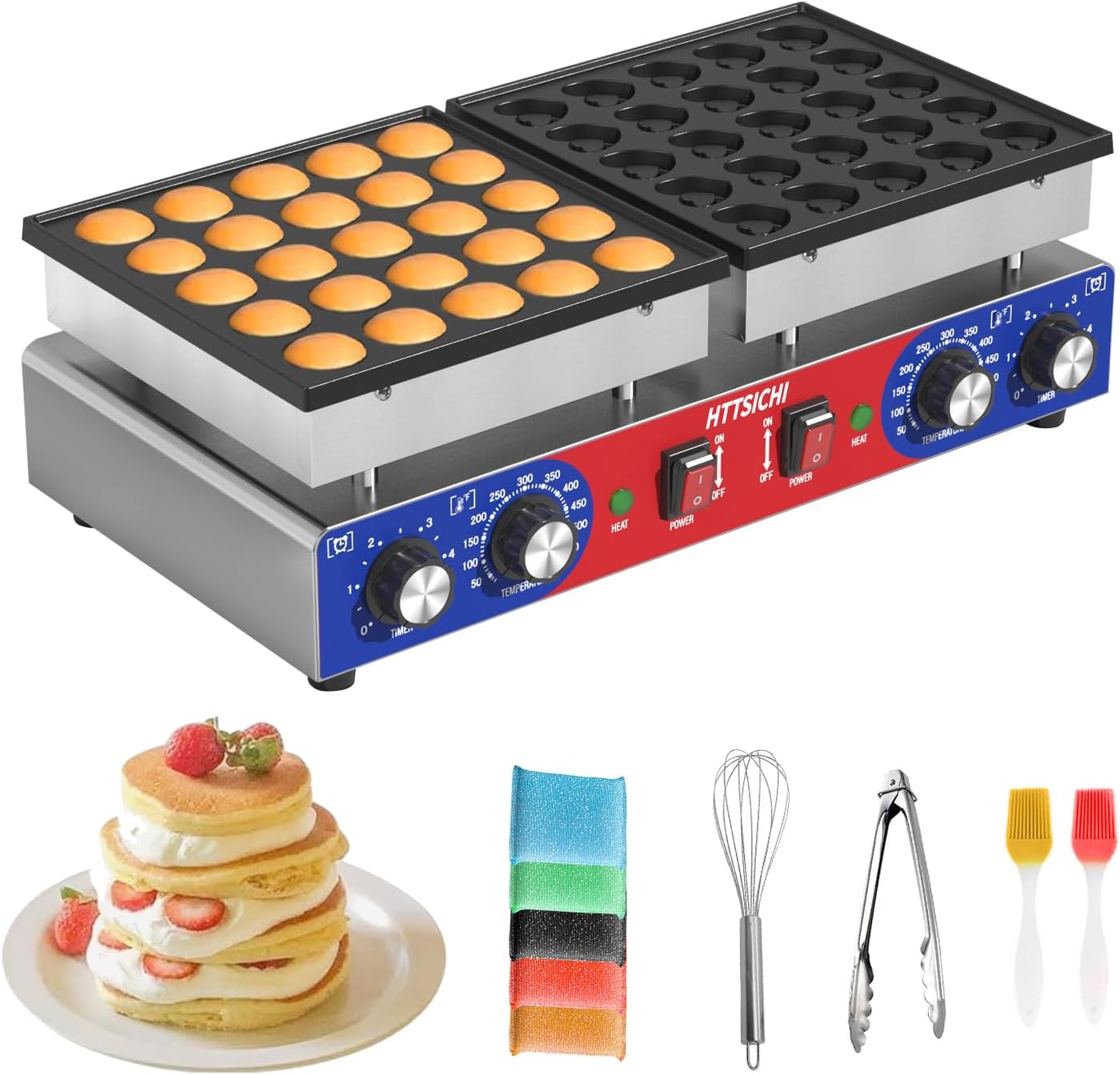 Mini Pancake Maker - 50Pcs Commercial Pancake Maker With Round-Shaped and Heart-Shaped, Mini Pancakes Maker Machine With 2 Thermostats & 2 Timers, Non-stick Electric Pancakes Maker