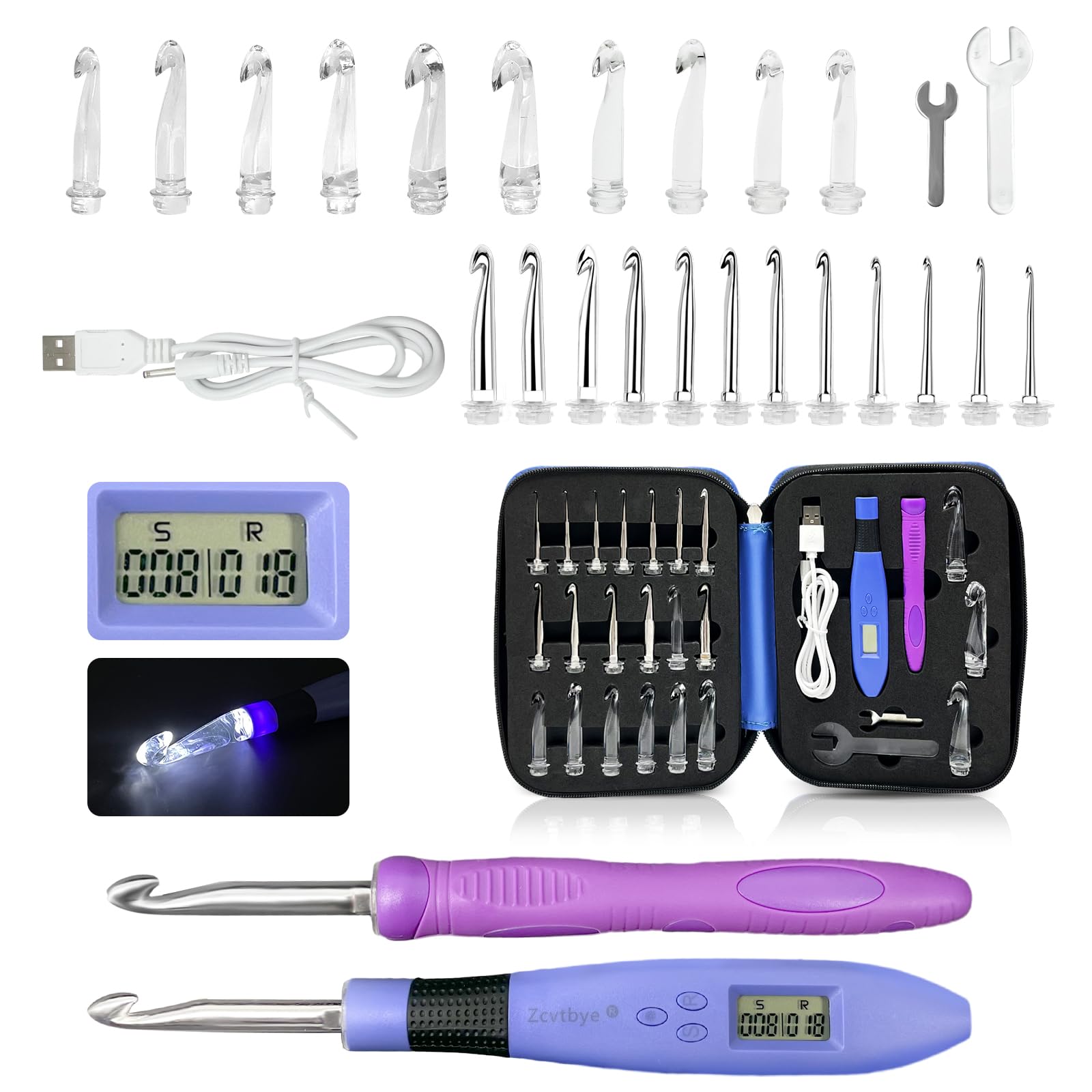 Transplant Blue 22 In 1 Led Crochet Hook Set With Counter 22 Sizes (2.0-14.0Mm) Plastic Purple With Storage Bag