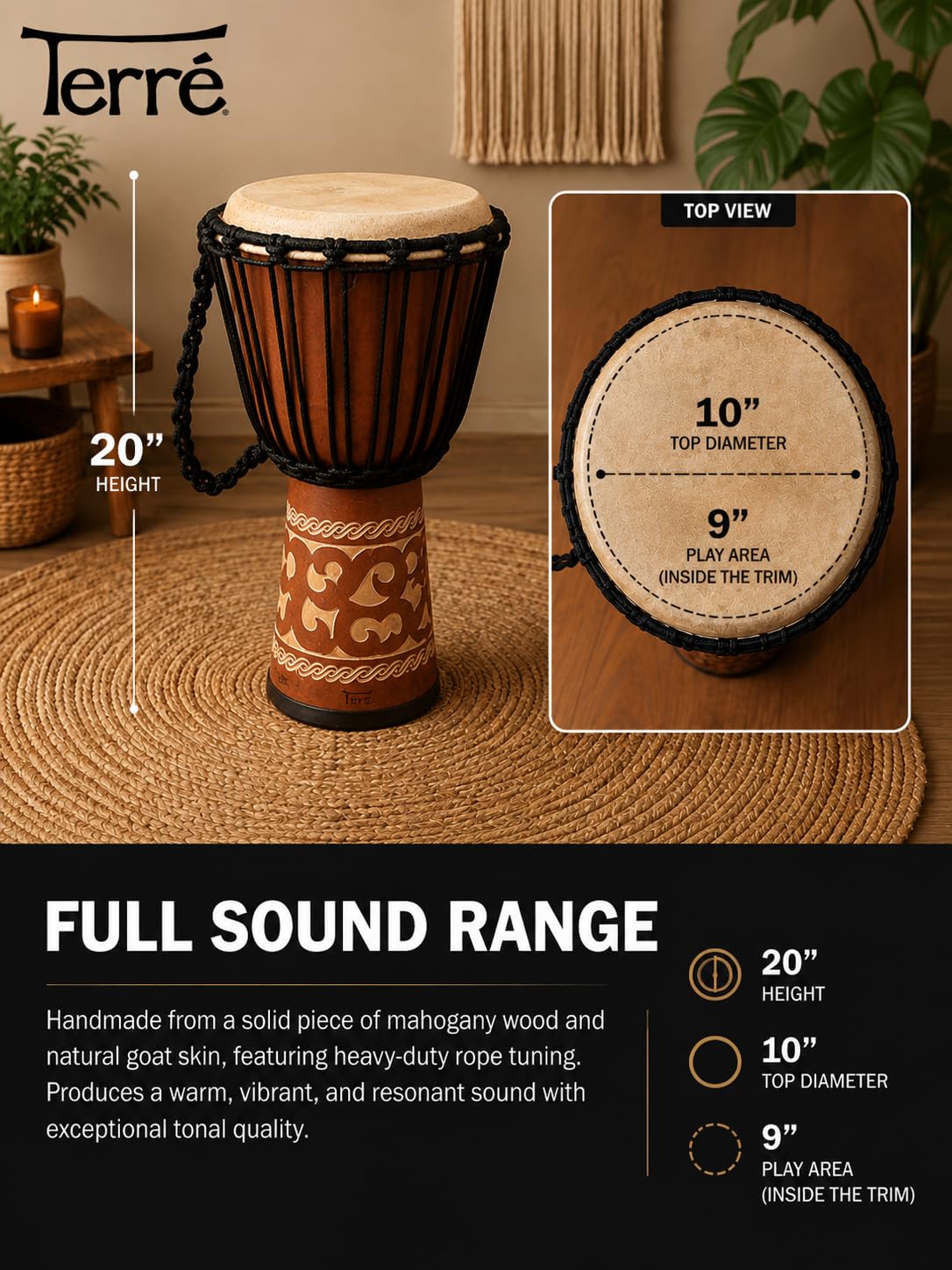 Djembe estándar linecarv, 20 cm de alto, 10 "cabeza, nk149