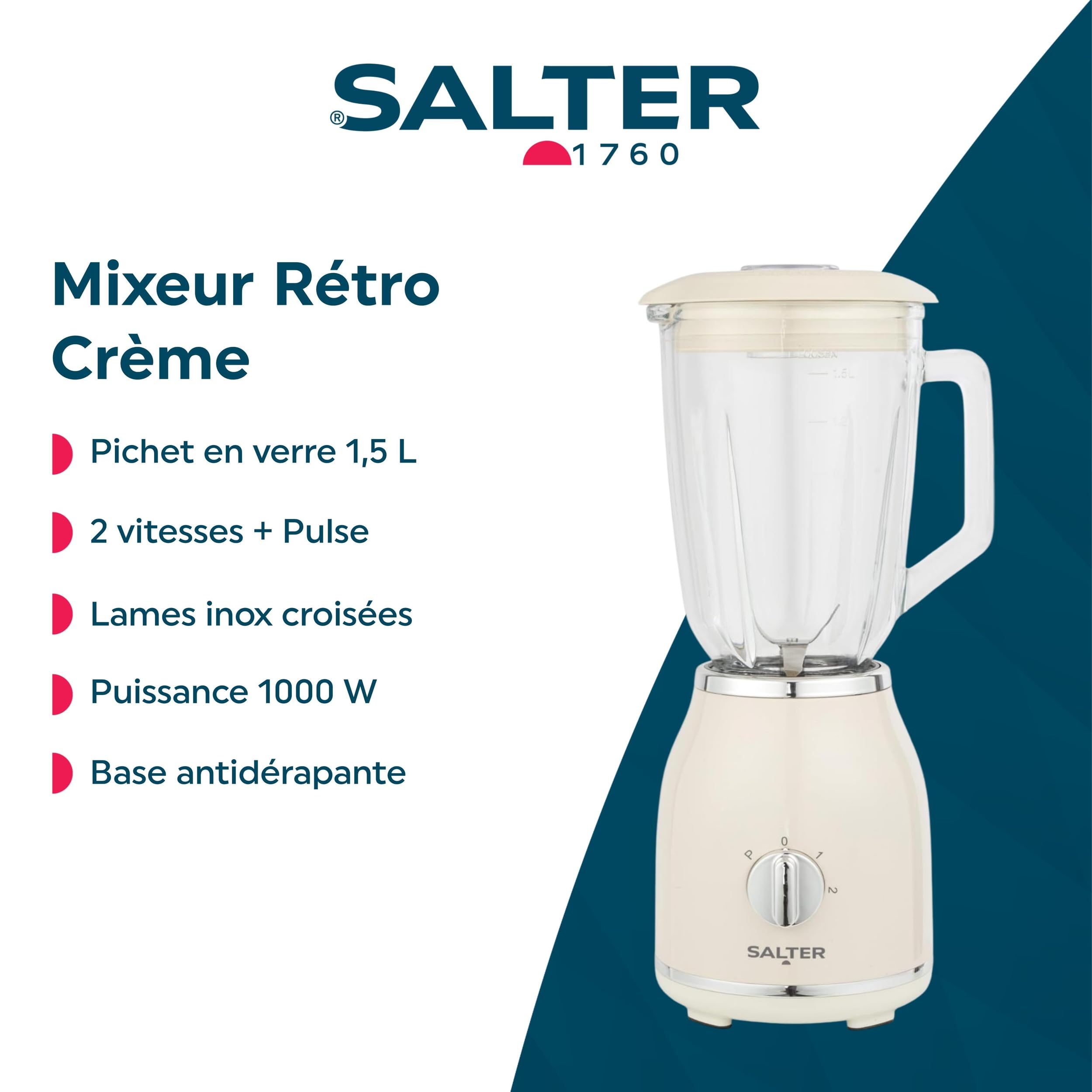 Salter Retro Crème Mixeur avec Verseuse - Verseuse en Verre Détachable sans BPA de 1,5 Litre, 2 Vitesses & Fonction Pulse, Lames Croix en Acier Inoxydable, Base Antidérapante, 1000 W