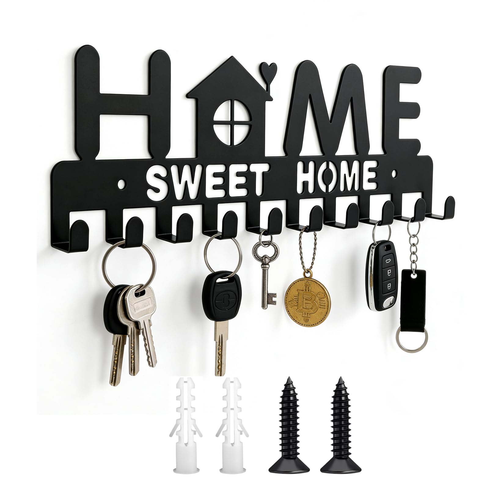 XINML Key Holder for Wall Metal 10 Key Hooks, Decorative Key Hanger Wall Mounted, Home House Design Key Rack Organizer, Storage Solution for Entryway, Hallway, Office, Easy Installation and Durable