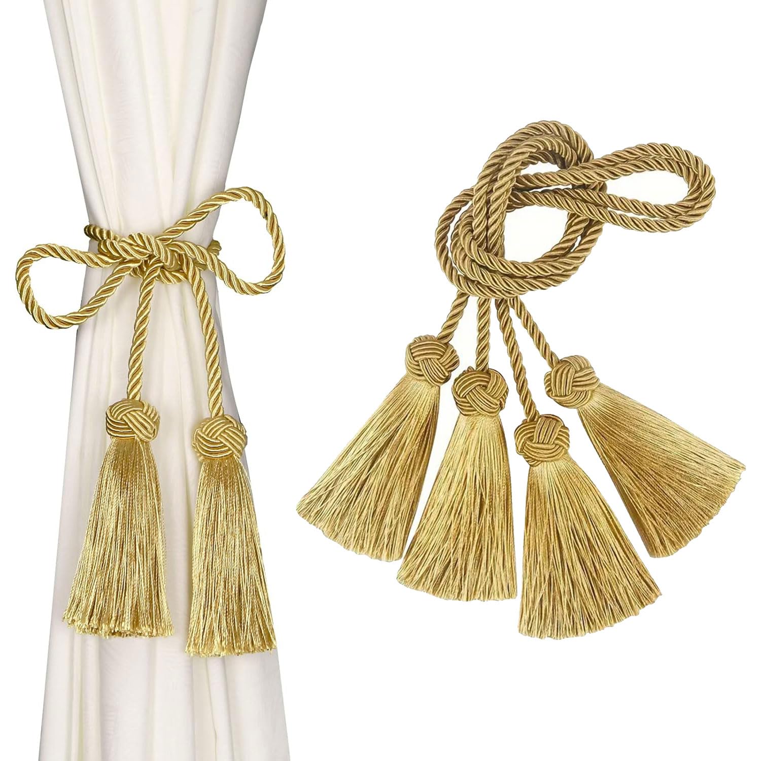 Gansdnek 2 Pieces Tassel Curtain Tiebacks, Boho Curtain Holdbacks for Drapes, Tassel Curtain Rope Gold, Rope Tassel Handmade Rope Knot Drapery for Decoration of Living Room Office and Bedroom