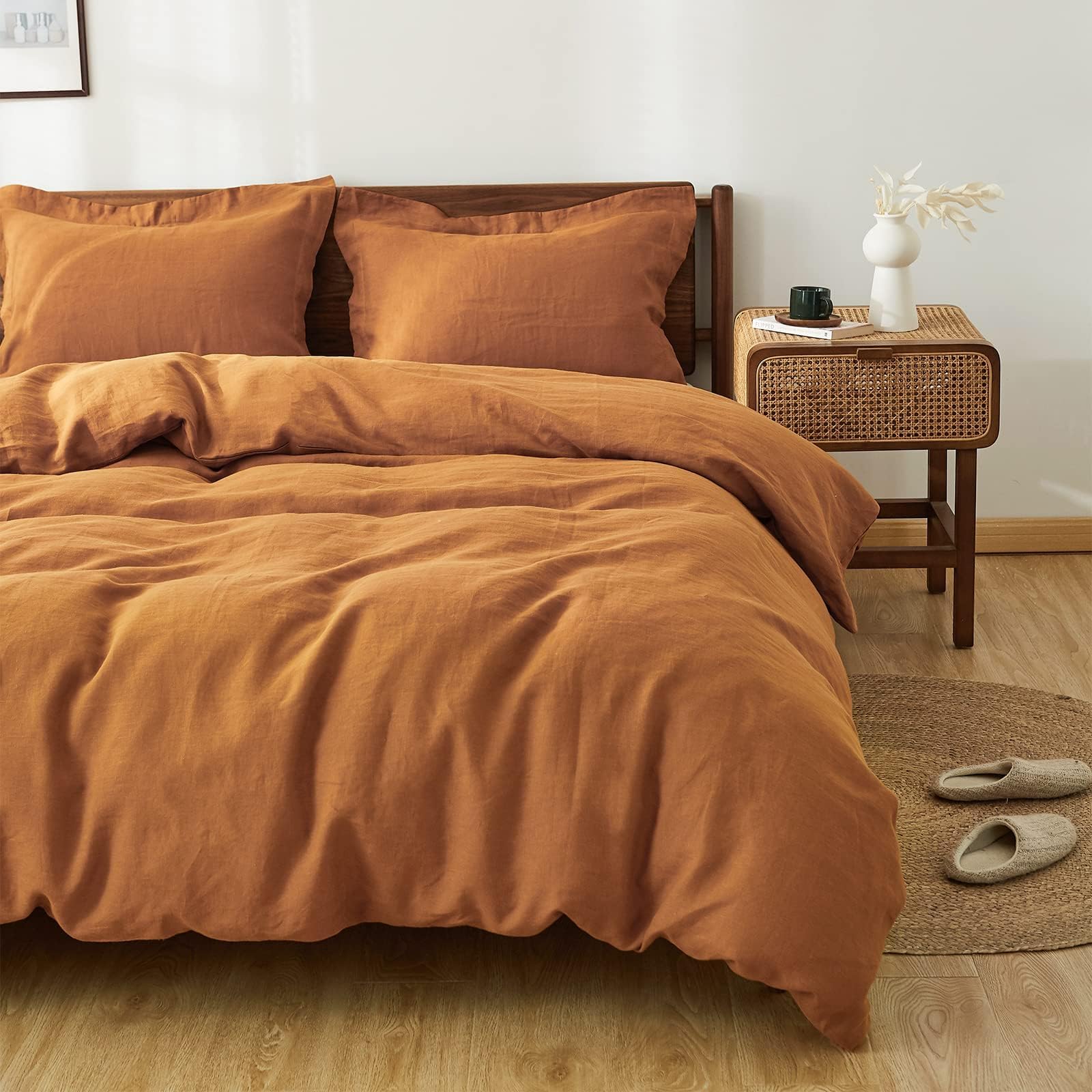 Simple&Opulence 100% Linen Duvet Cover Set 2pcs Natural French Basic Style Washed Flax Solid Color Breathable Soft Farmhouse Bedding with Button