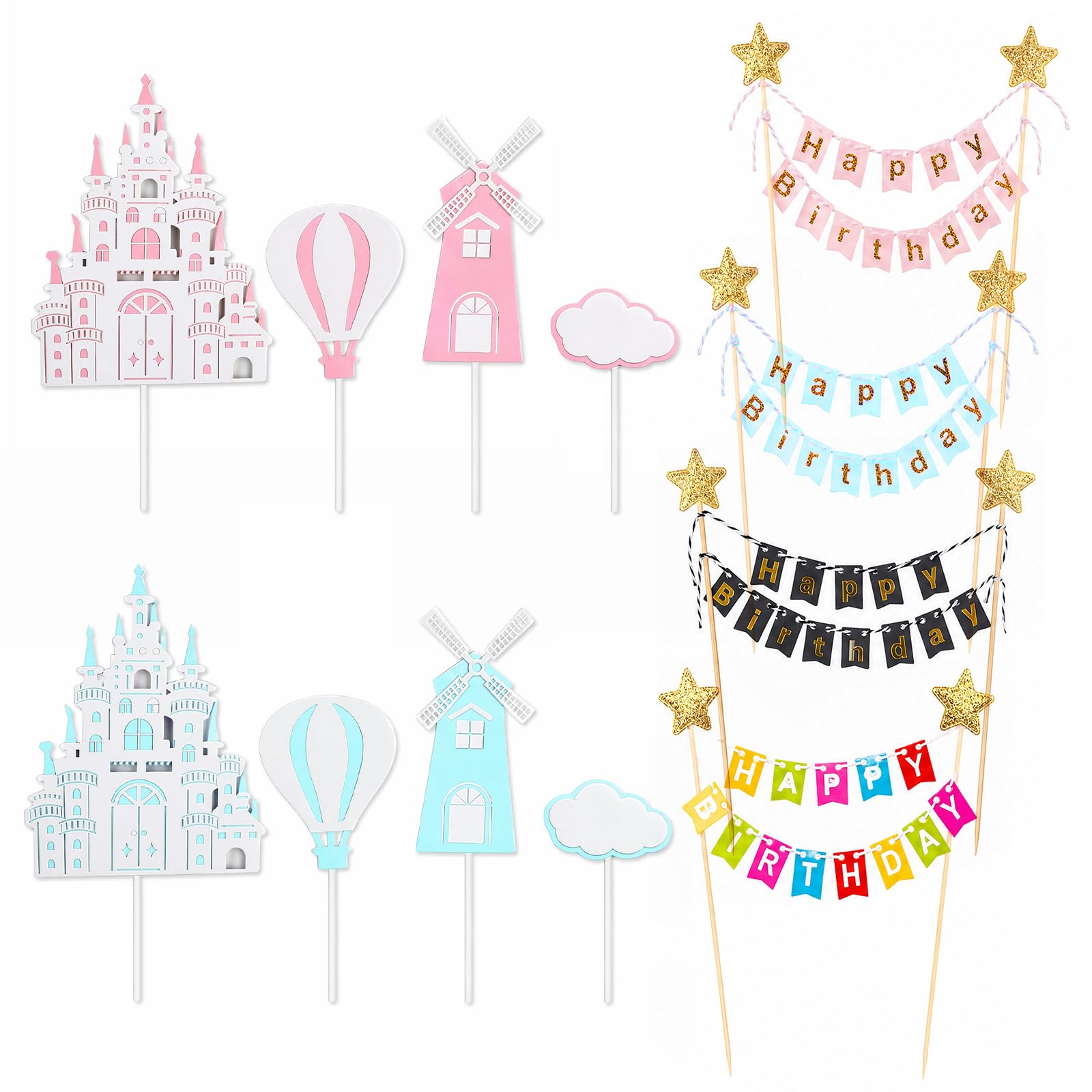 Muiltvoe Happy Birthday Cake Topper & Mini Bunting Banner Set, Princess Cake Decorations for Girls, Star Cupcake Toppers for Kids Birthday Party Baby Shower Supplies