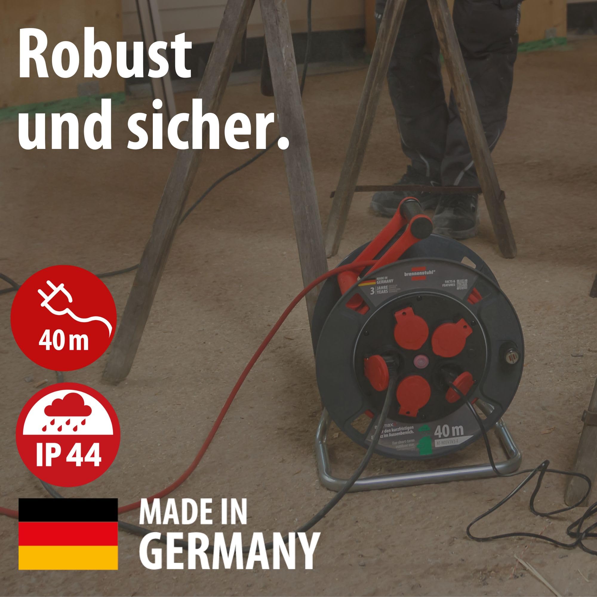 Brennenstuhl Kabeltrommel 300 KU 4110 40m outdoor IP44 (Made in Germany, 5 Schutzkontakt-Steckdosen, Überhitzungsschutz, kurzfristiger Einsatz im Außenbereich)