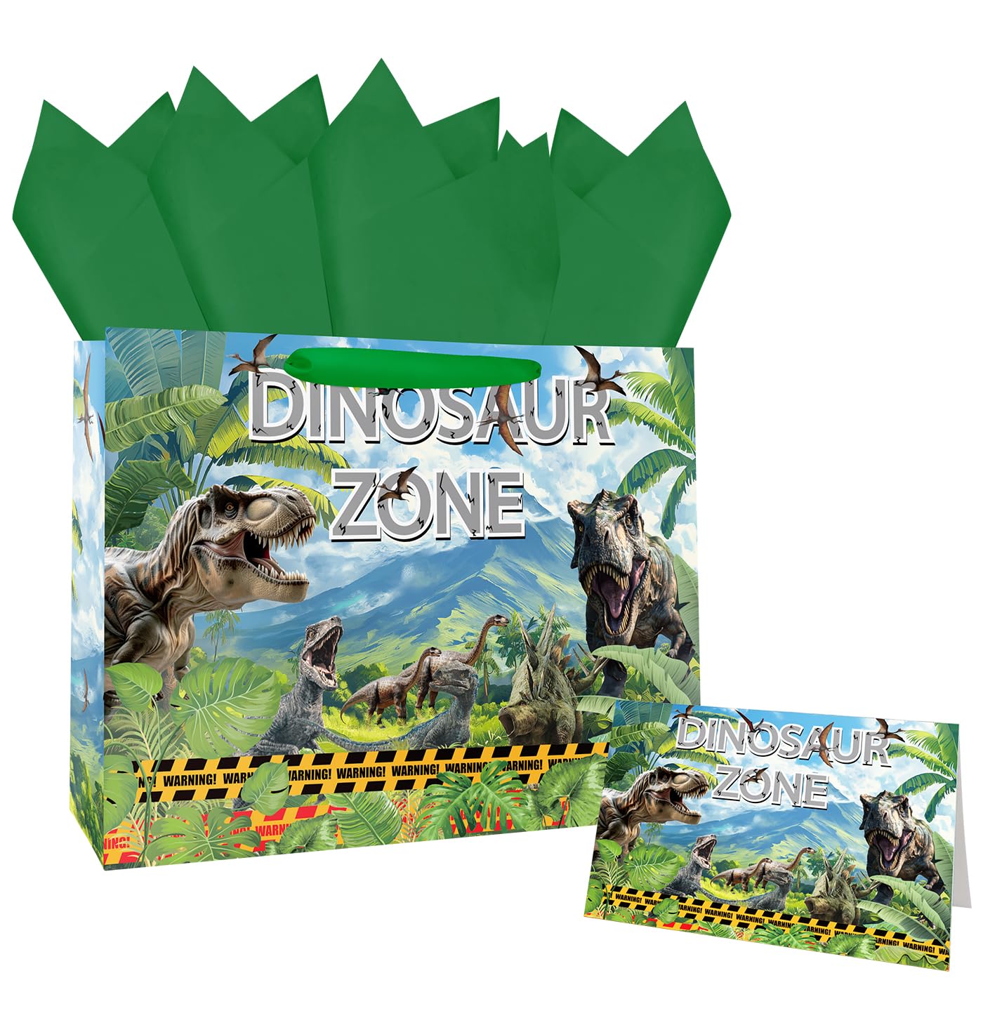 MUNILAIL 13 Inches Large Gift Bag for Boys Dinosaur Gift Bag with Handle Tissue Paper and Greeting Card for Birthday Jungle Animal Themed Party Large