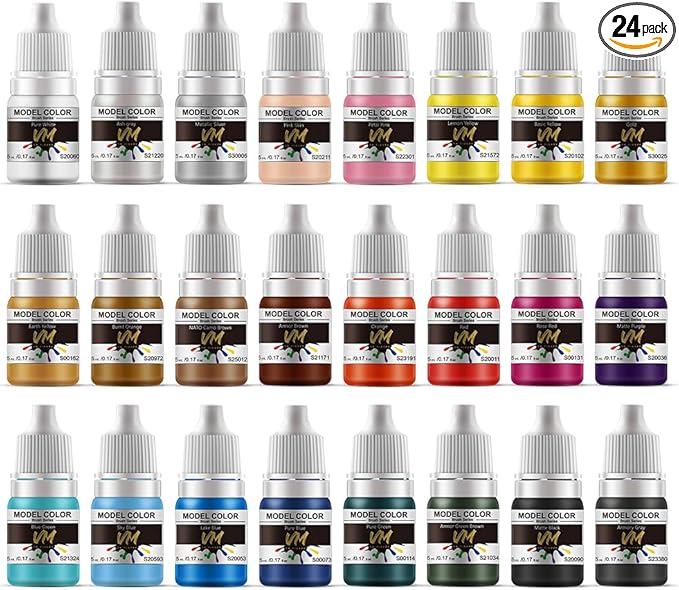 VM Miniature Paint Set Eco-Friendly Water-based Pigment Speed Paint Model Color, Light Resistant and Non-Fading for Plastic/Metal/Resin/Models 24 bottles x 5ml (24 Basic Colors)