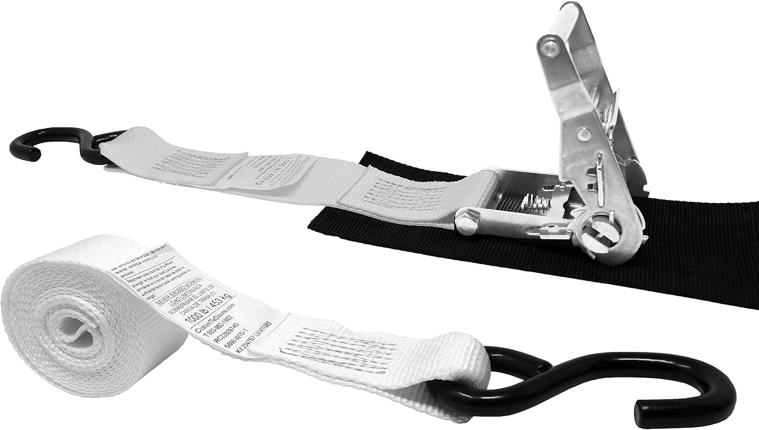2 Inch x 10 Foot Stainless Steel Ratchet Strap, Protective Pad Under Buckle, Vinyl Coated S Hooks On Both Ends. (White)