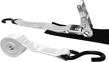 2 Inch x 10 Foot Stainless Steel Ratchet Strap, Protective Pad Under Buckle, Vinyl Coated S Hooks On Both Ends. White