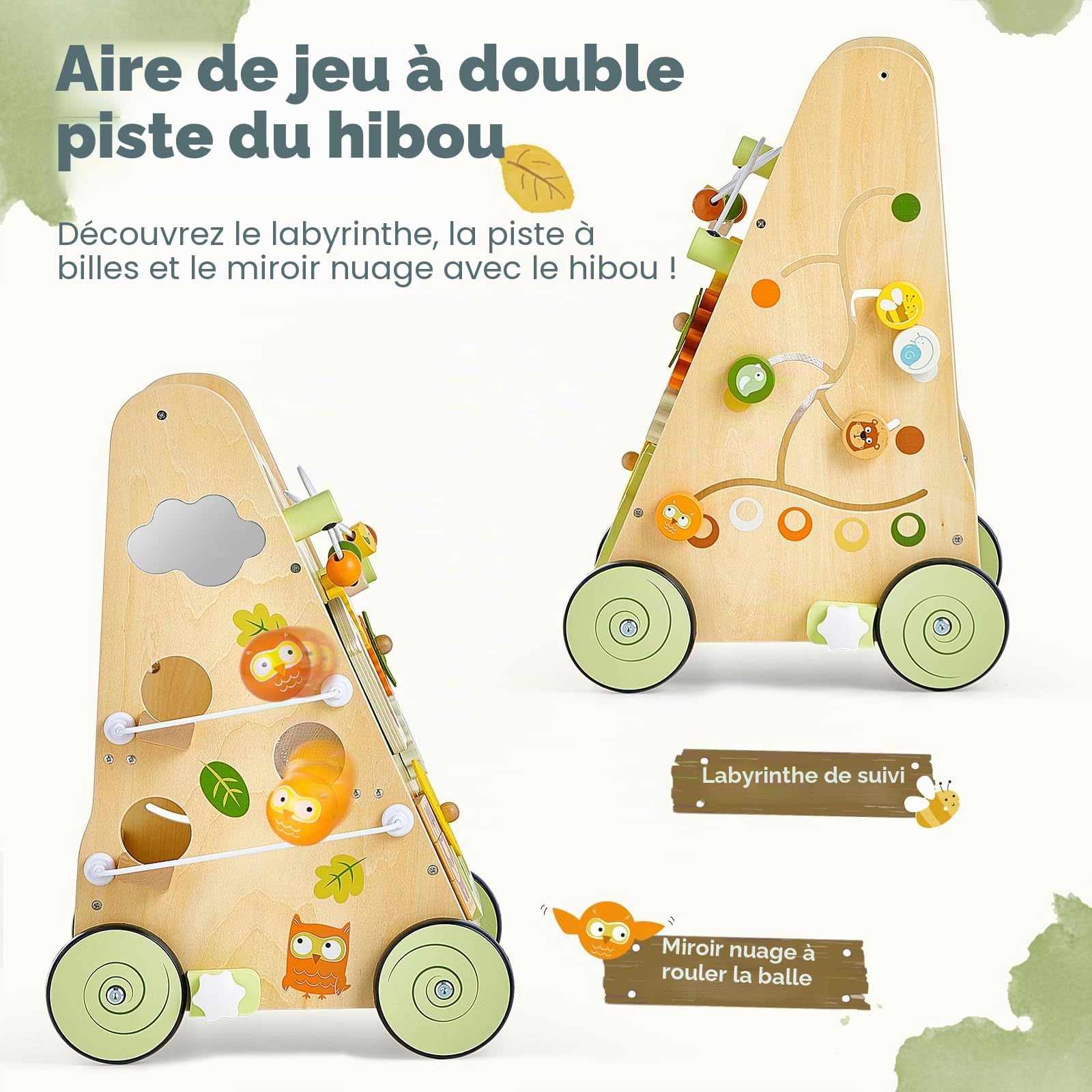 Trottinette bébé en bois multicolore – Aide au jeu et à la marche avec centre d'activités 8 en 1, vitesse réglable et roues antidérapantes pour enfants à partir de 1 an (design hibou)