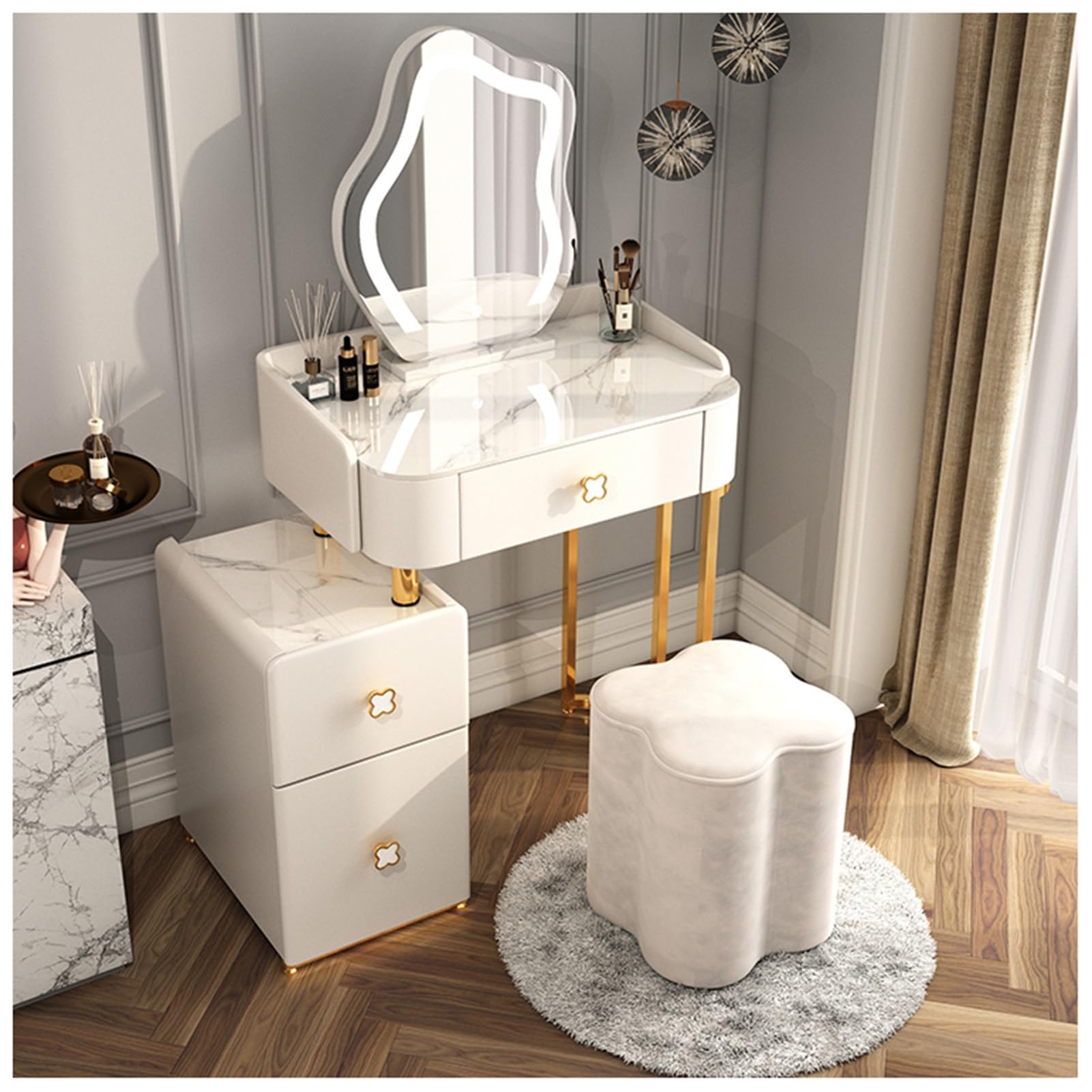 asdchZen Makeup Vanity Desk With Mirror & 3-Color Dimmable Lights, Stylish Makeup Table Set With Retractable Side Cabinets, 3 Drawers & Stool-Orange, 70X40X127Cm,White-60x40x127cm