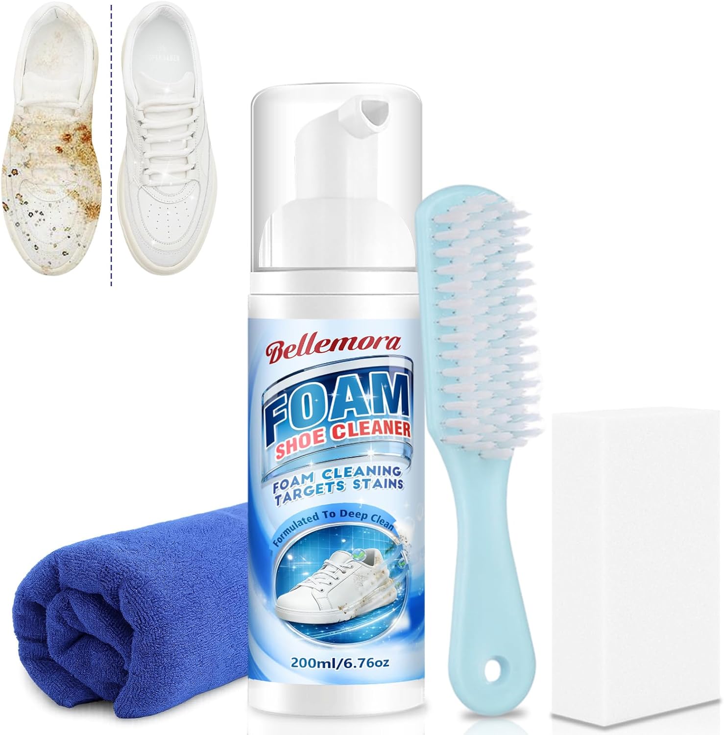 Shoe Cleaner, 6.76fl.Oz Sneaker Cleaner Foam, Shoe Cleaning Kit With Brush, Sponge And Towel, Sneaker Cleaner Kit For Removing Stains And Dirt, White Shoe Cleaner For Sneaker, Suede, Leather, Tennis