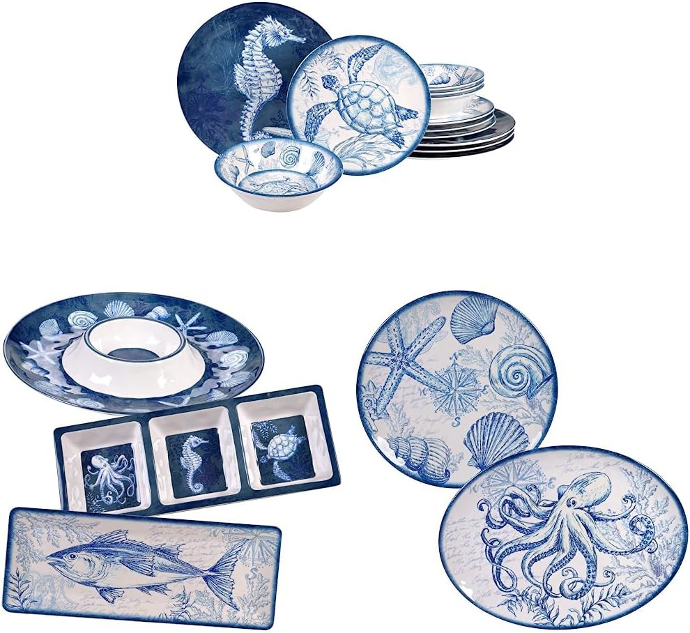 Certified International Oceanic 12 piece Melamine Dinnerware Set & Oceanic 3 Piece Melamine Hostess Serving Set, Multi Colored & Oceanic 2 Piece Melamine Platter Set, Multi Colored, Large