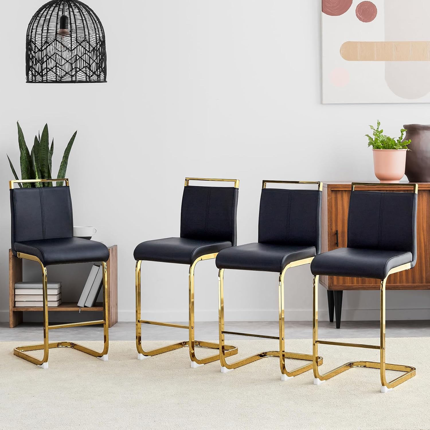 Modern Counter Height Barstools Set of 4,25" H Leather Upholstered Bar Stools with Back and Gold Metal Frame,Bar Stools for Kitchen Island,Pub,Bar,(Black+Gold)