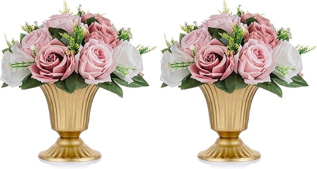Nuptio Gold Vases for Centrepieces Wedding - 2 Pcs 14.5cm Height Metal Urn Planter Elegant Wedding Centerpieces for Tables - Small Trumpet Vase for Birthday Party Living Room Home Decorations