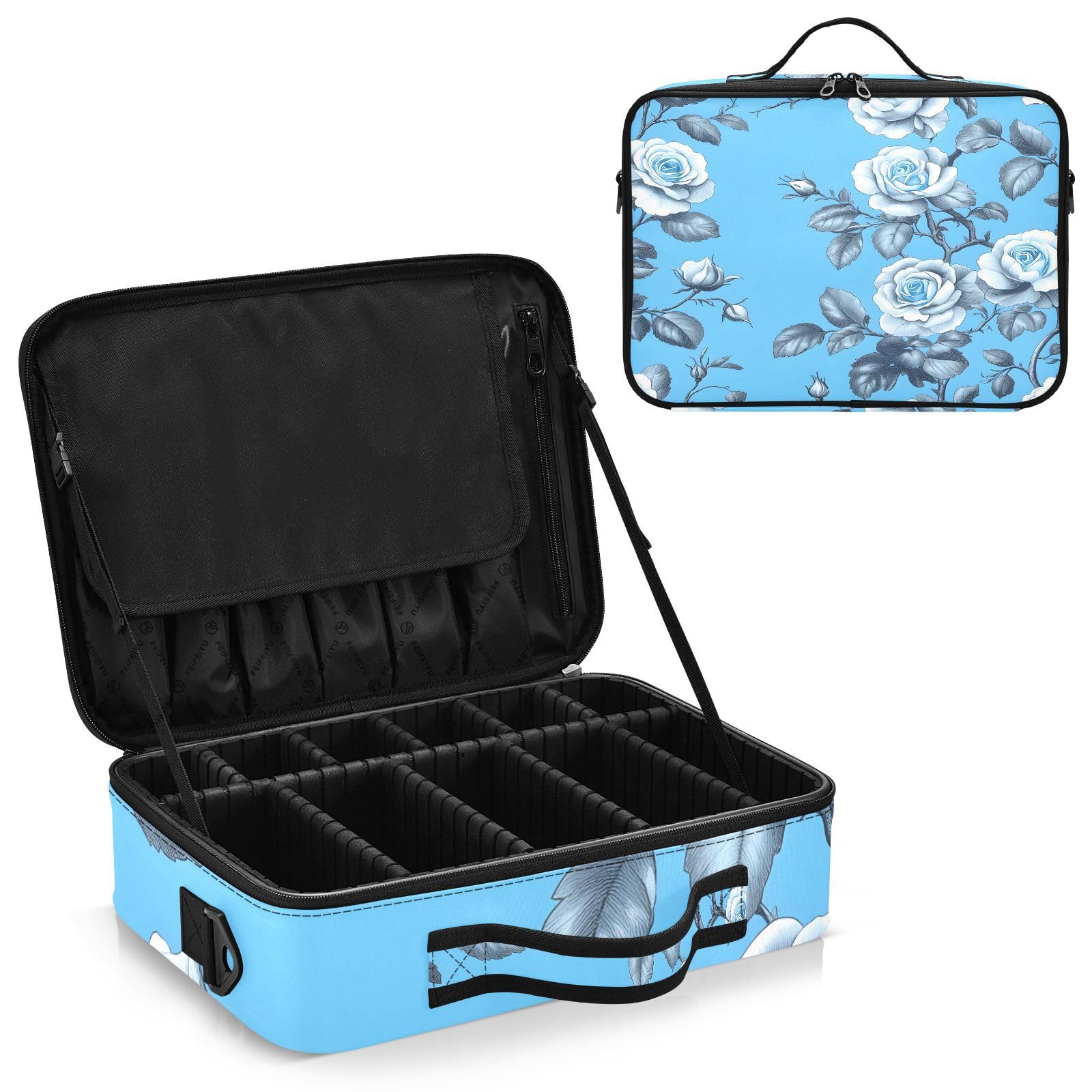 zyrtty Travel Makeup Train Case Blue Flower White Pattern Cosmetic Organizer Portable Storage Bag with Adjustable Dividers for Cosmetics Brushes Toiletry Jewelry Digital Accessories