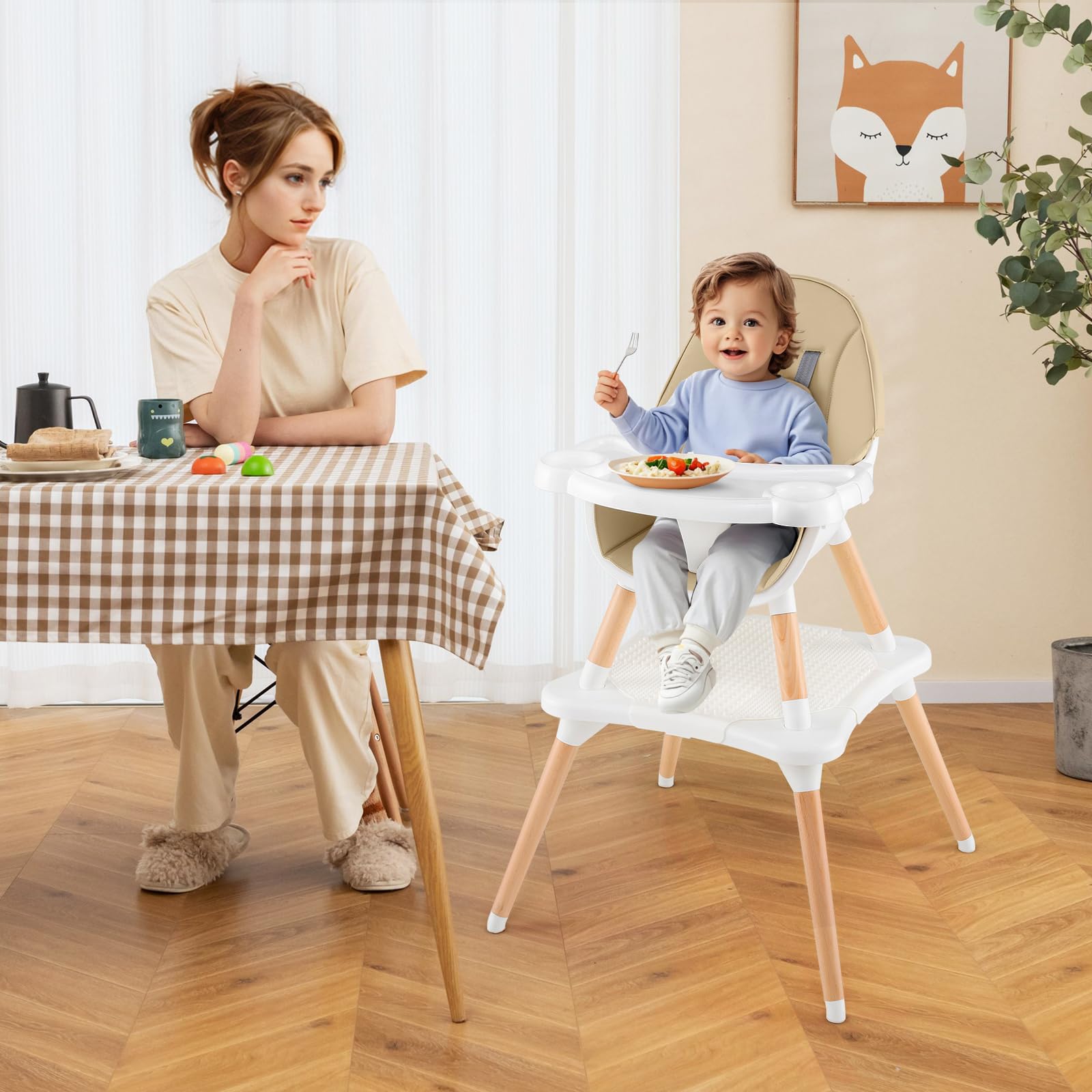 LIFEZEAL Trona para Bebé, Silla de Comedor 6 en 1 con Cojín de Asiento Extraíble, Arnés de Seguridad, Asiento Infantil con Bandeja Extraíble y Tabla de Bloques para Bebé de 6 a 36 Meses (Caqui)