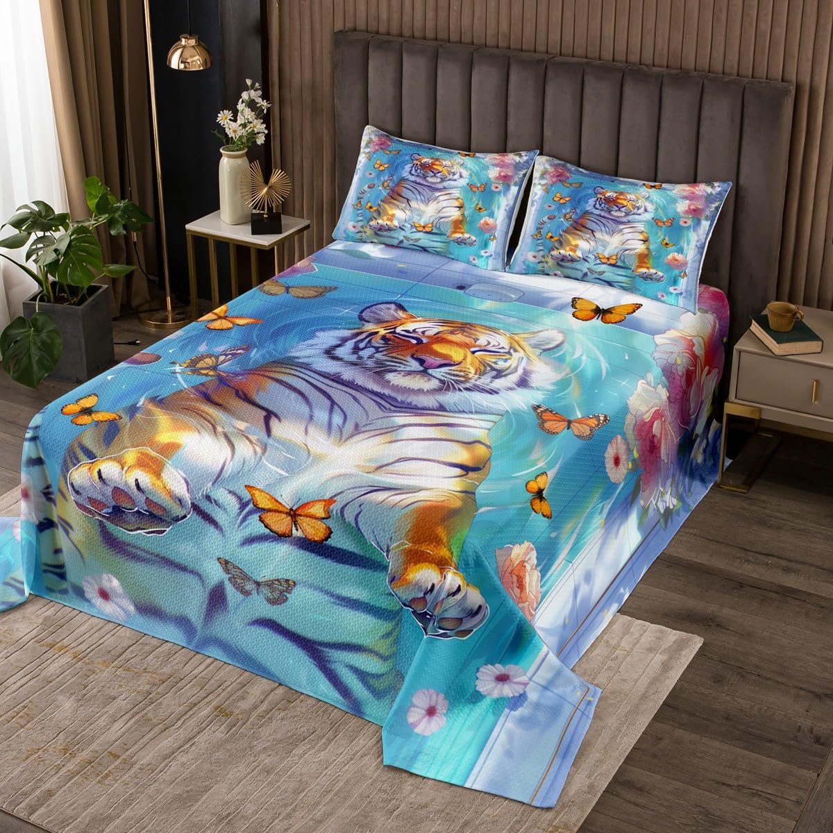 Kawaii Tiger Quilts Set for Kids,Wild Animals Bathing in Bathtub 2Pcs Bedspread Bedding Set,Dreamy Butterfly Flowers Bed Cover Set,Rustic Style Bedspread Coverlet with 1 Pillowshams (Twin Size)