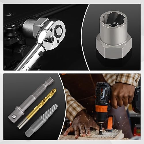 Miniatura 6 de Juego de 35 piezas de extractor de tornillos en espiral, 65424341 HSS Juego de brocas para zurdos, juego de extractor de pernos fácil de sacar para