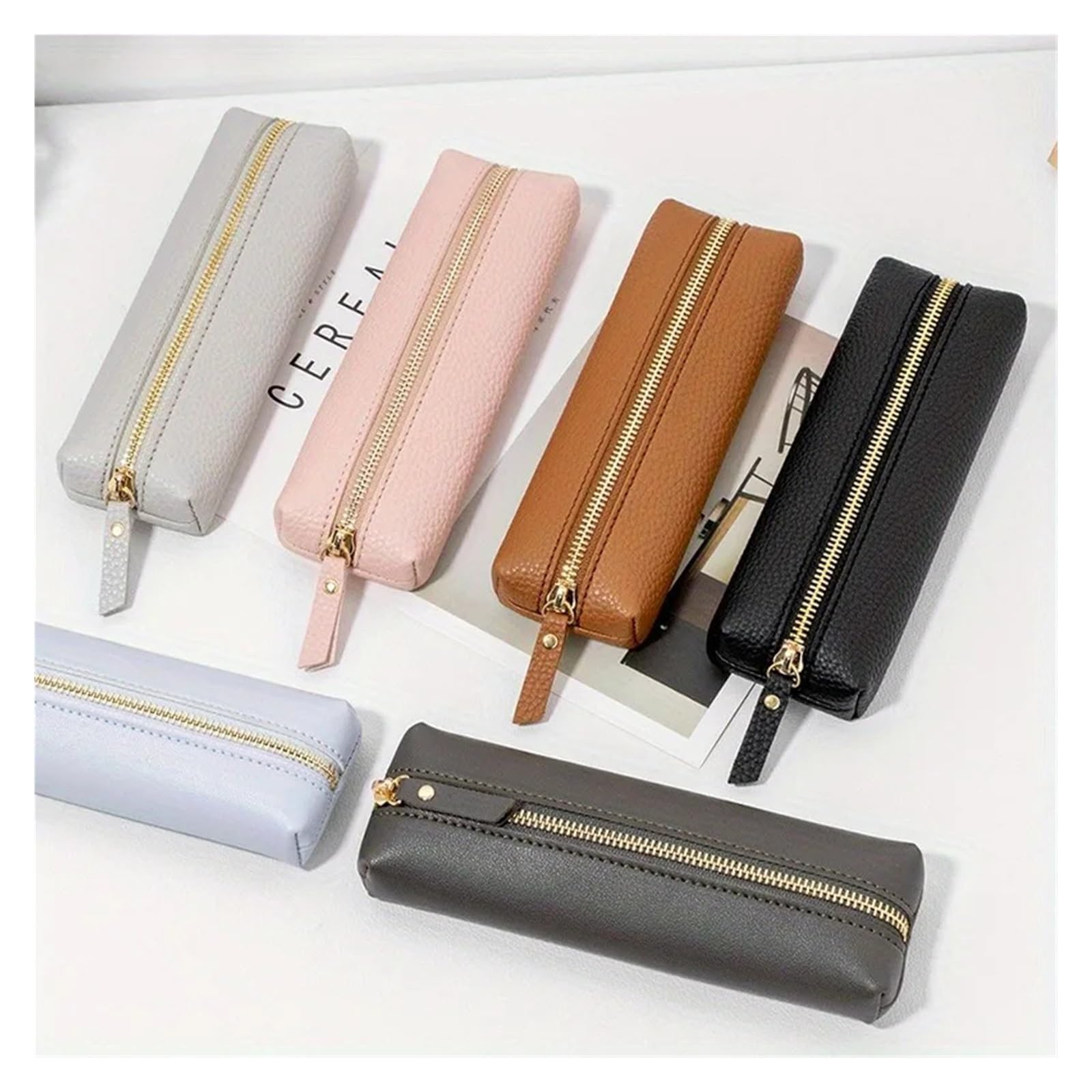 Custodia for penna in pelle PU for ufficio scolastico | Semplice, con cerniera, portatile, portapenne stilografica, leggero(Brown)