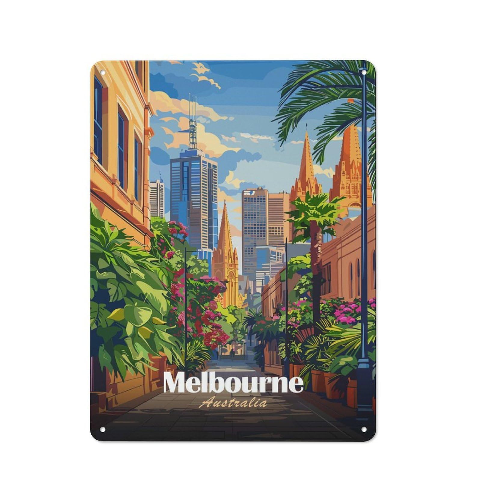 Junmoney Melbourne Australia Cityscape Illustration Tin Sign 40X30cm With For Café Or Home Bar, Rustic Decor, For Café-Style Decor Fans