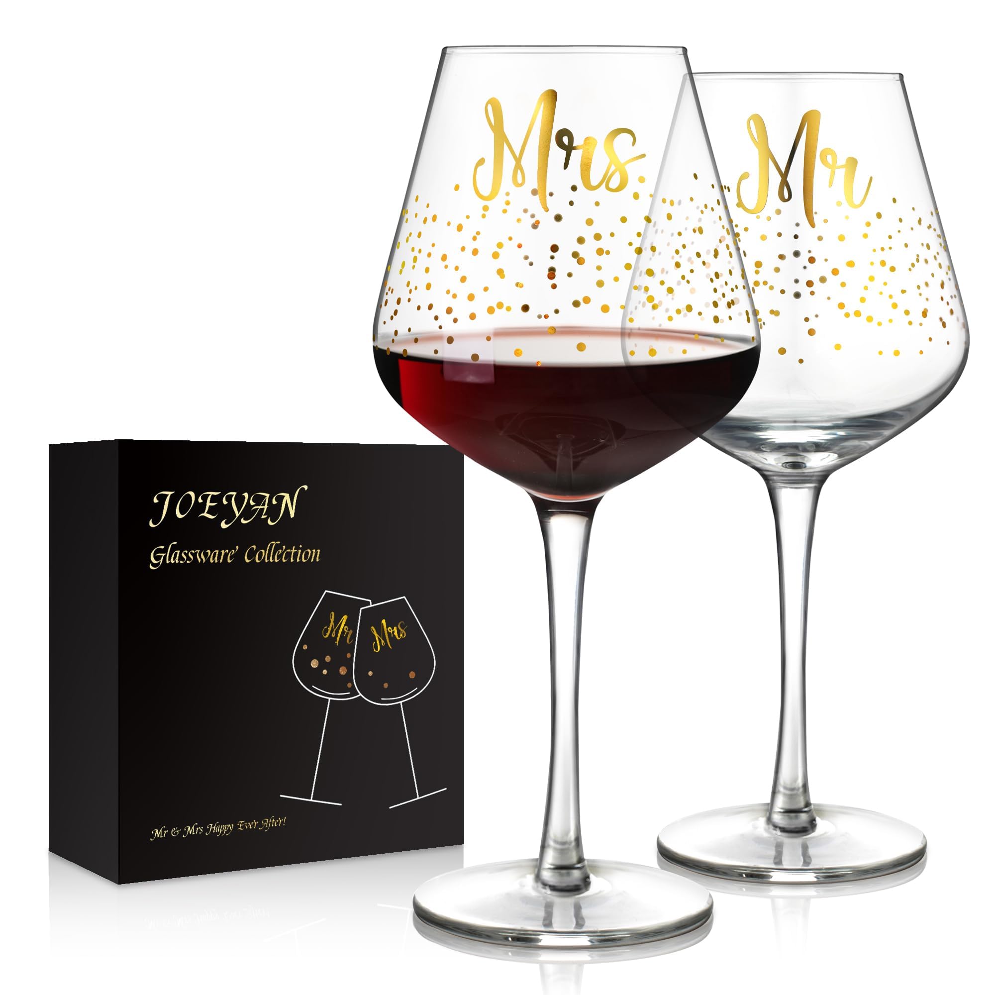 Joeyan 520 ml Set di 2 Mr e Mrs Calici Vino Rosso con Decalcomania Dorata